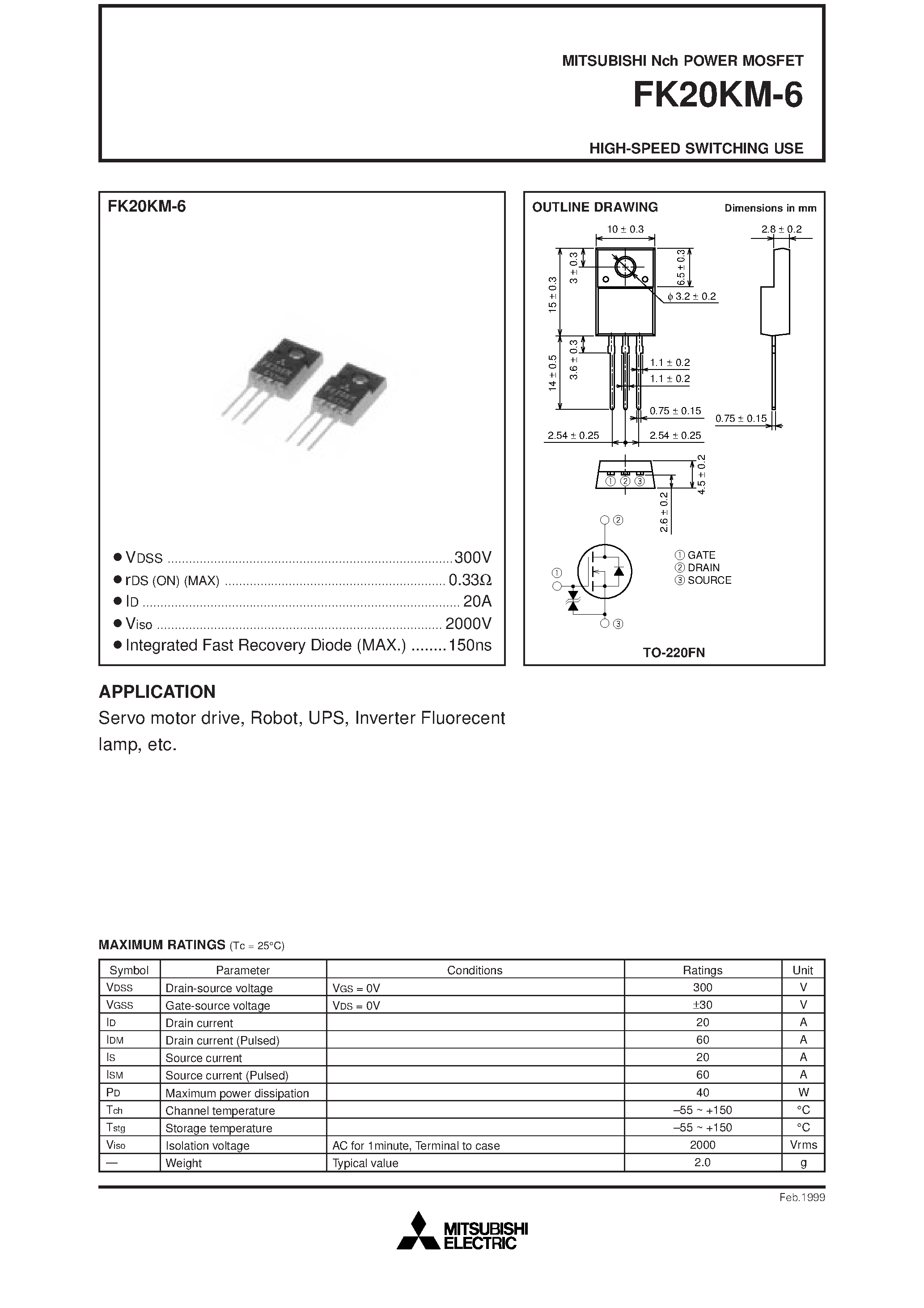 Даташит FK20KM-6 - HIGH-SPEED SWITCHING USE страница 1