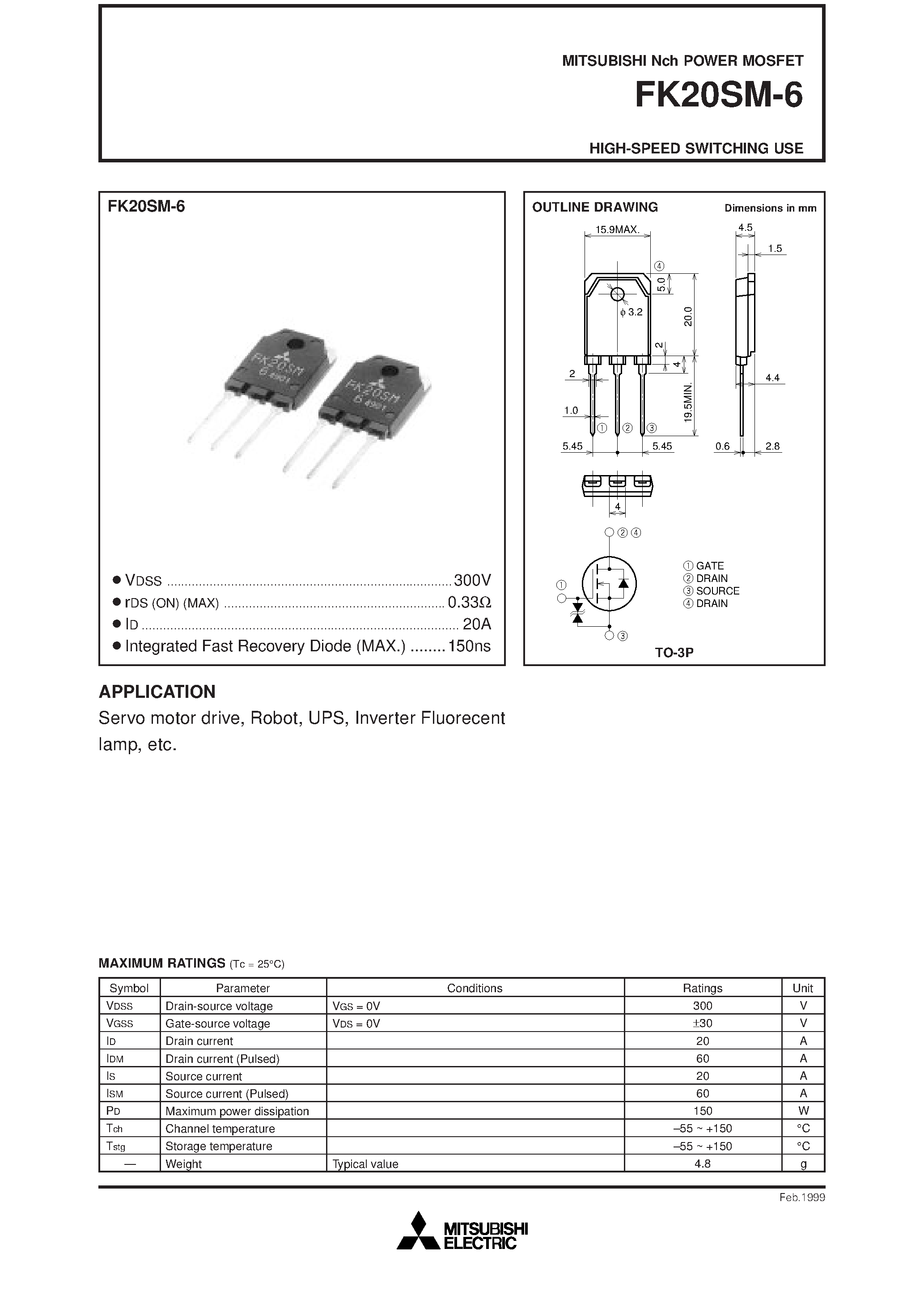 Даташит FK20SM-6 - HIGH-SPEED SWITCHING USE страница 1