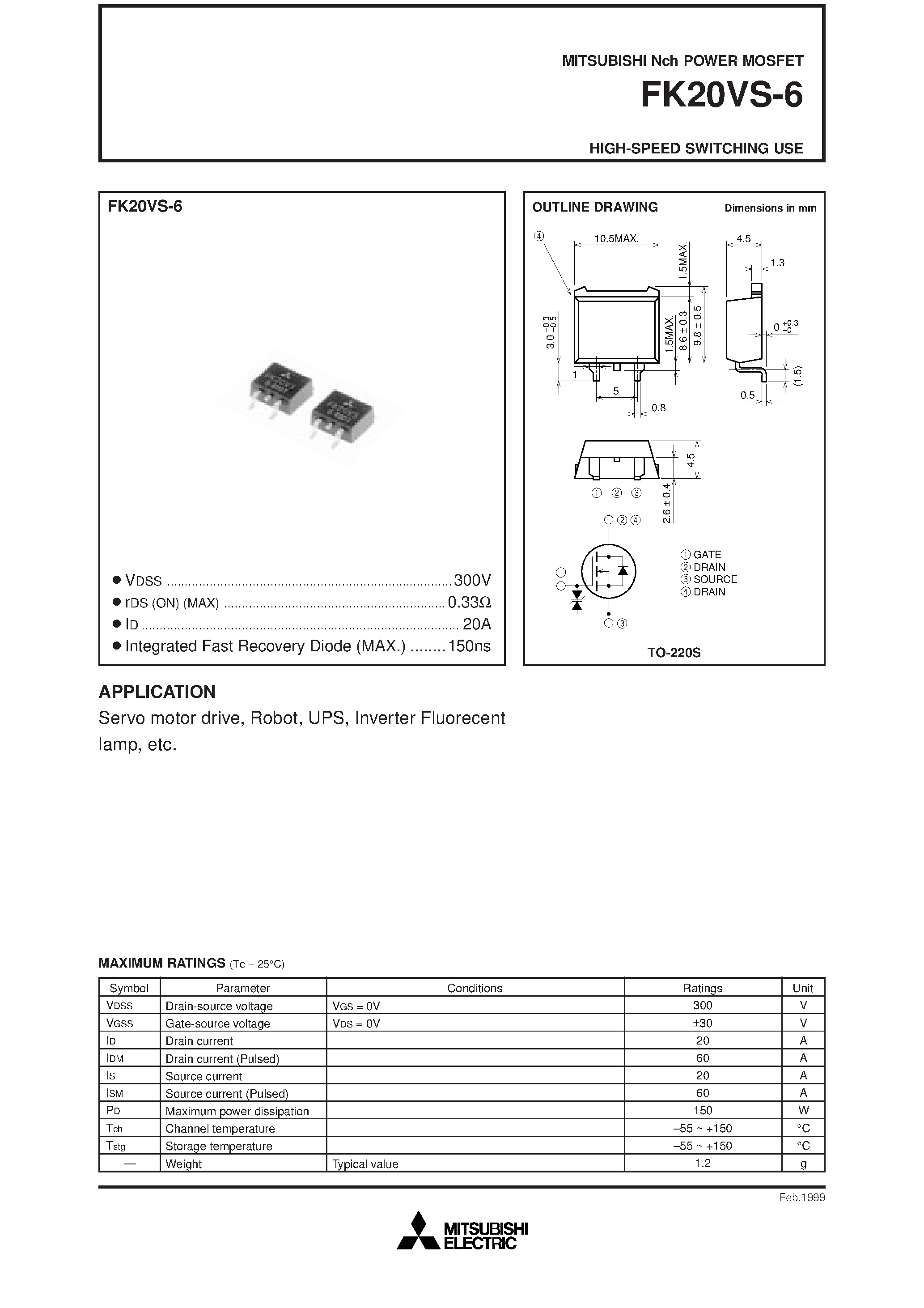 Даташит FK20VS-6 - HIGH-SPEED SWITCHING USE страница 1