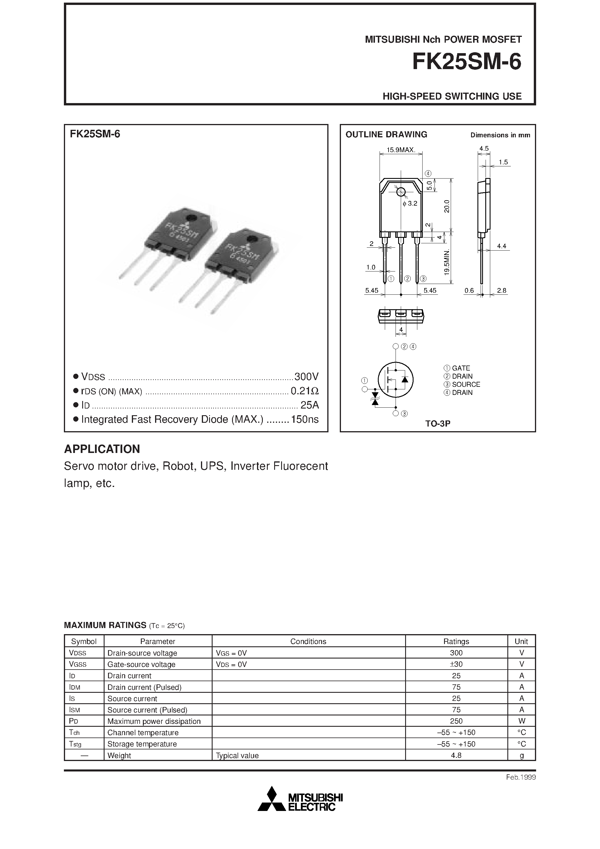 Даташит FK25SM-6 - HIGH-SPEED SWITCHING USE страница 1