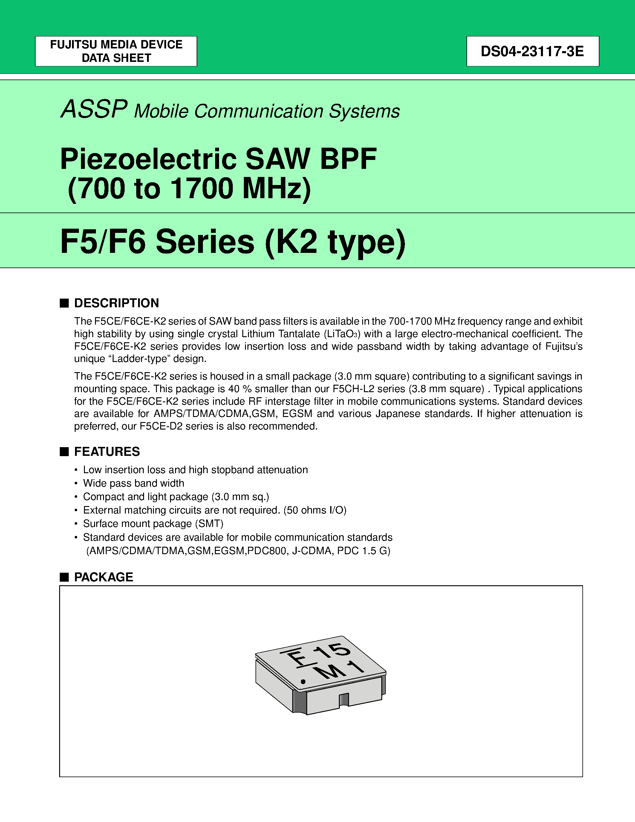 Datasheet FAR-F6CE-1G9600-L2XY-W - Piezoelectric SAW BPF (1000 to 2500 MHz) page 1