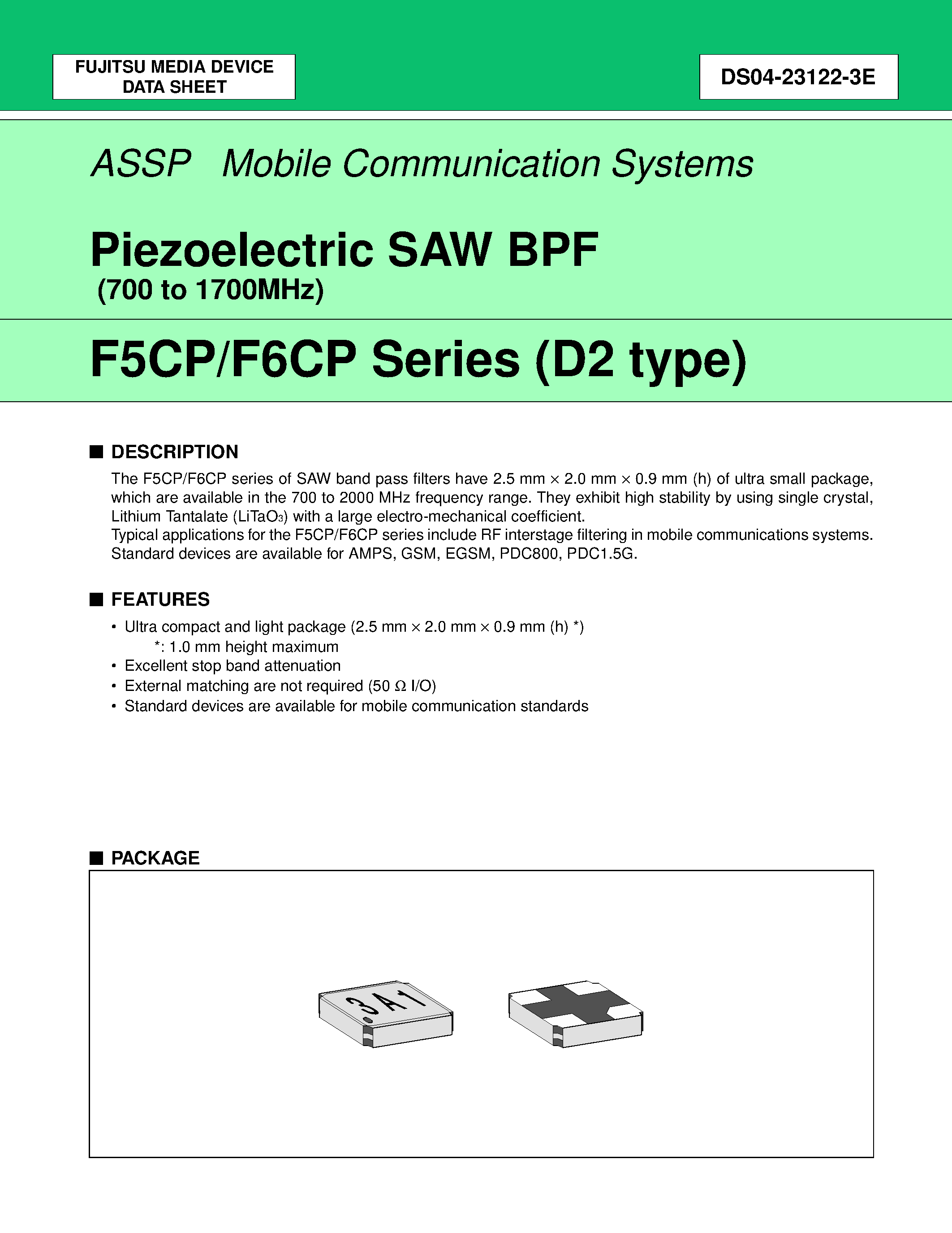 Datasheet FAR-F6CP-1G4410-D207-W - Piezoelectric SAW BPF (700 to 1700MHz) page 1