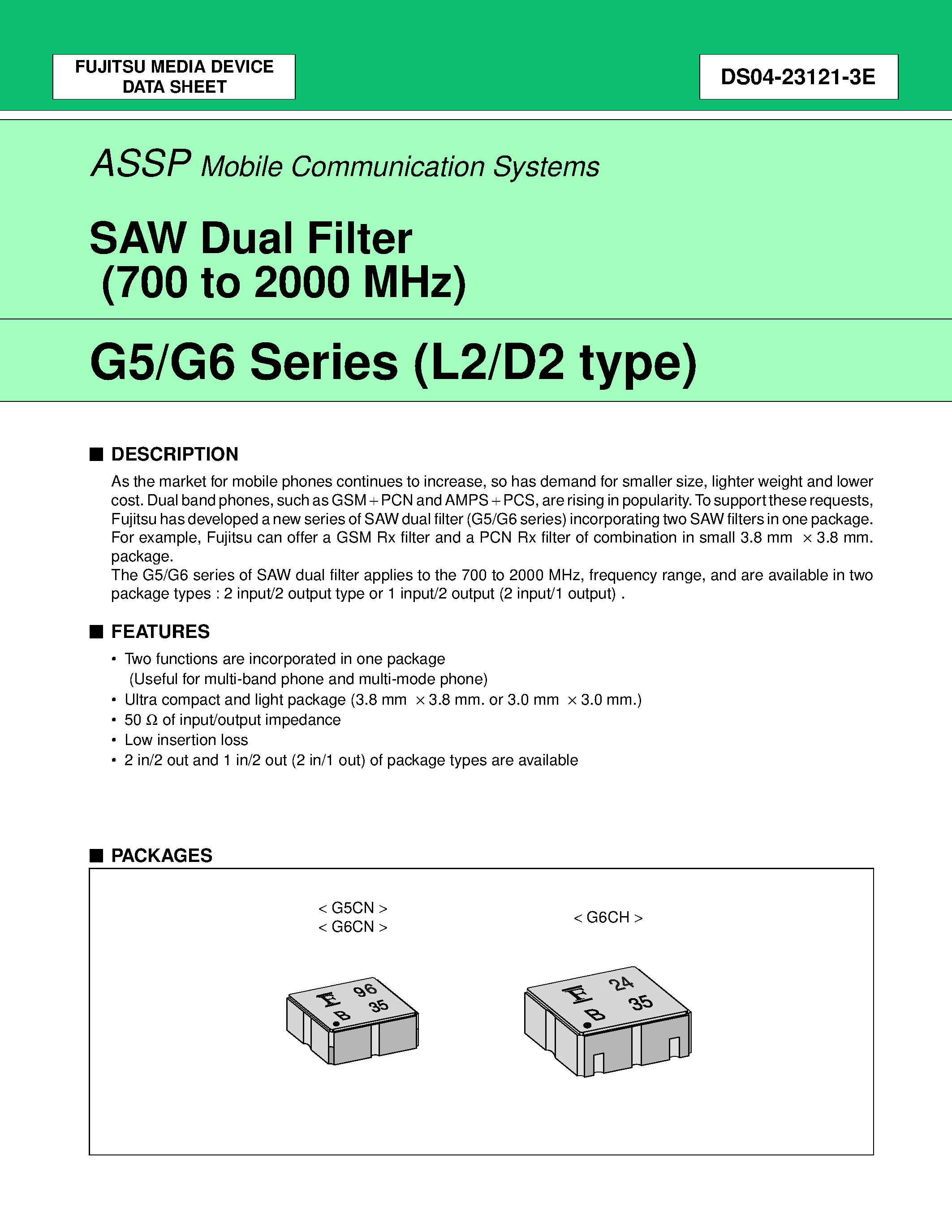 Datasheet FAR-G5CN-877M50-D292-W - SAW Dual Filter (700 to 2000 MHz) page 1