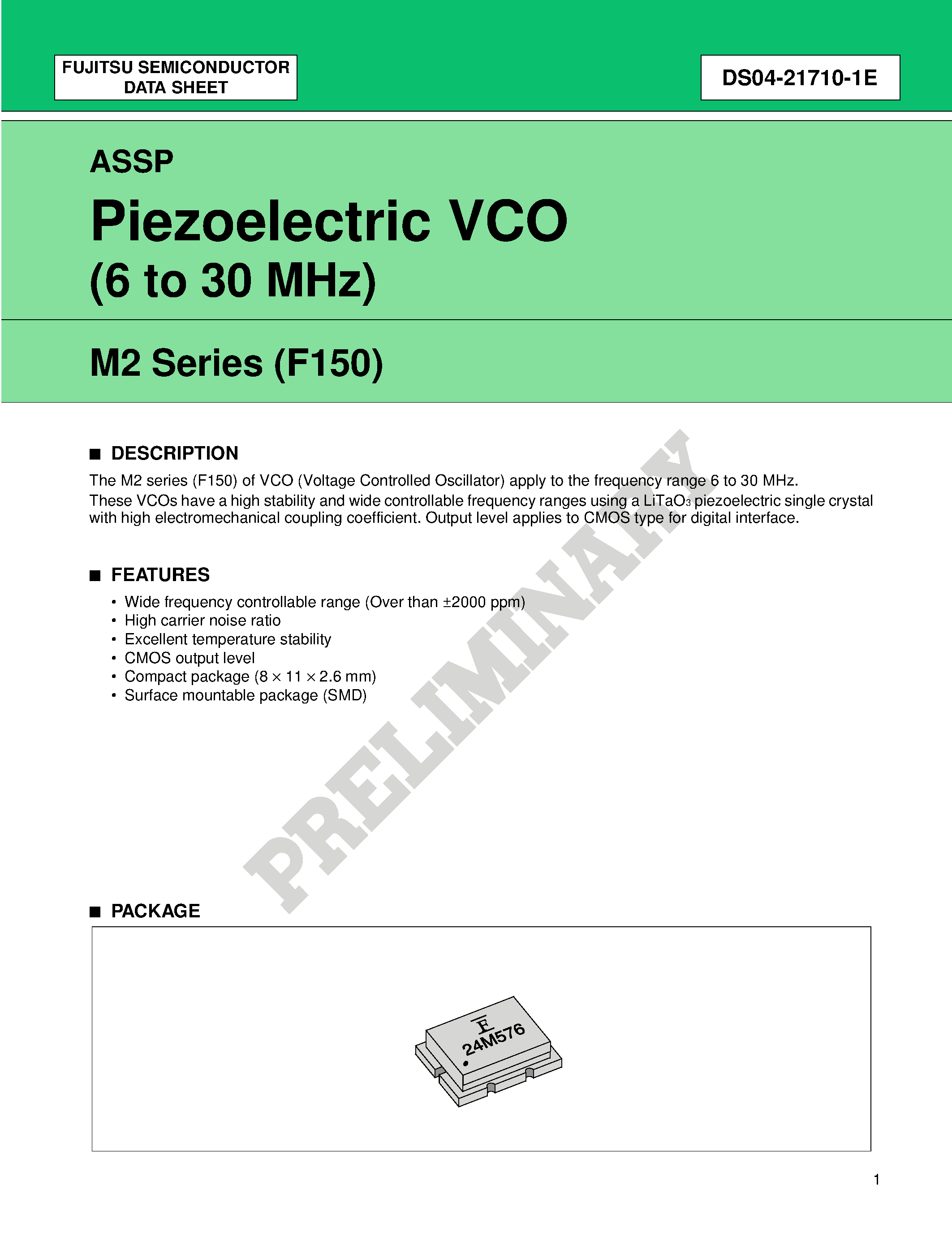 Datasheet FAR-M2CC-14M318-F150-R - Piezoelectric VCO (6 to 30 MHz) page 1