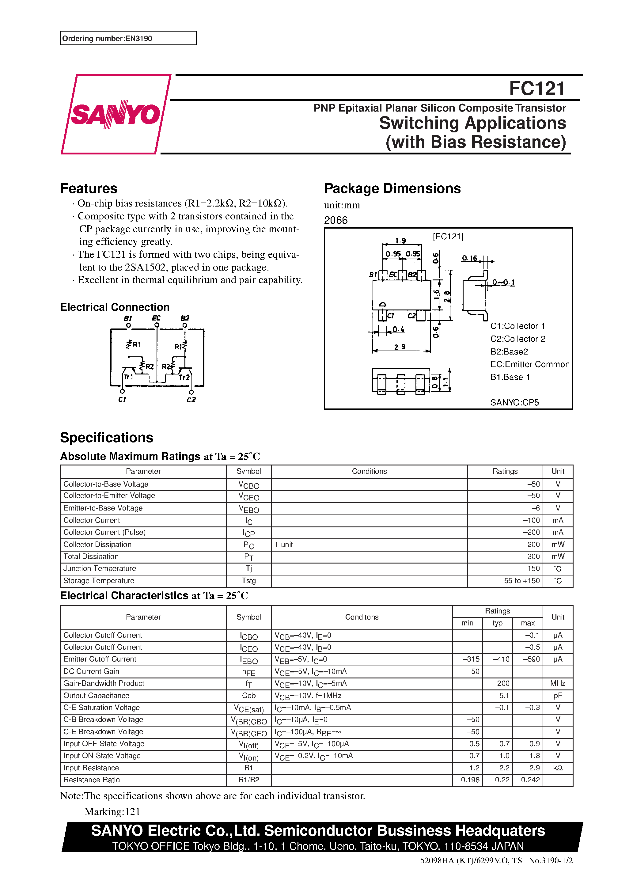 Datasheet FC121 - PNP Epitaxial Planar Silicon Composite Transistor Switching Applications (with Bias Resistance) page 1