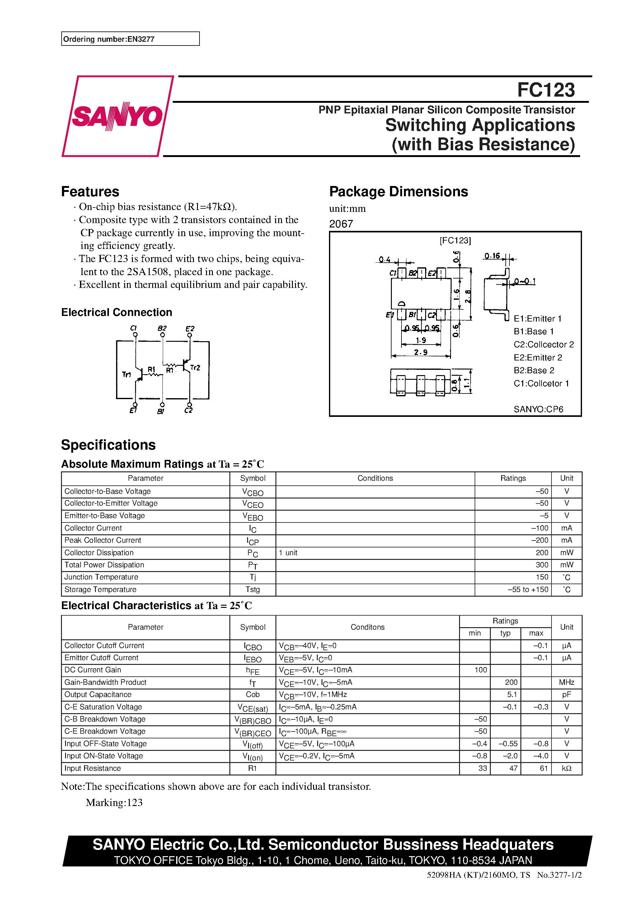 Datasheet FC123 - PNP Epitaxial Planar Silicon Composite Transistor Switching Applications (with Bias Resistance) page 1