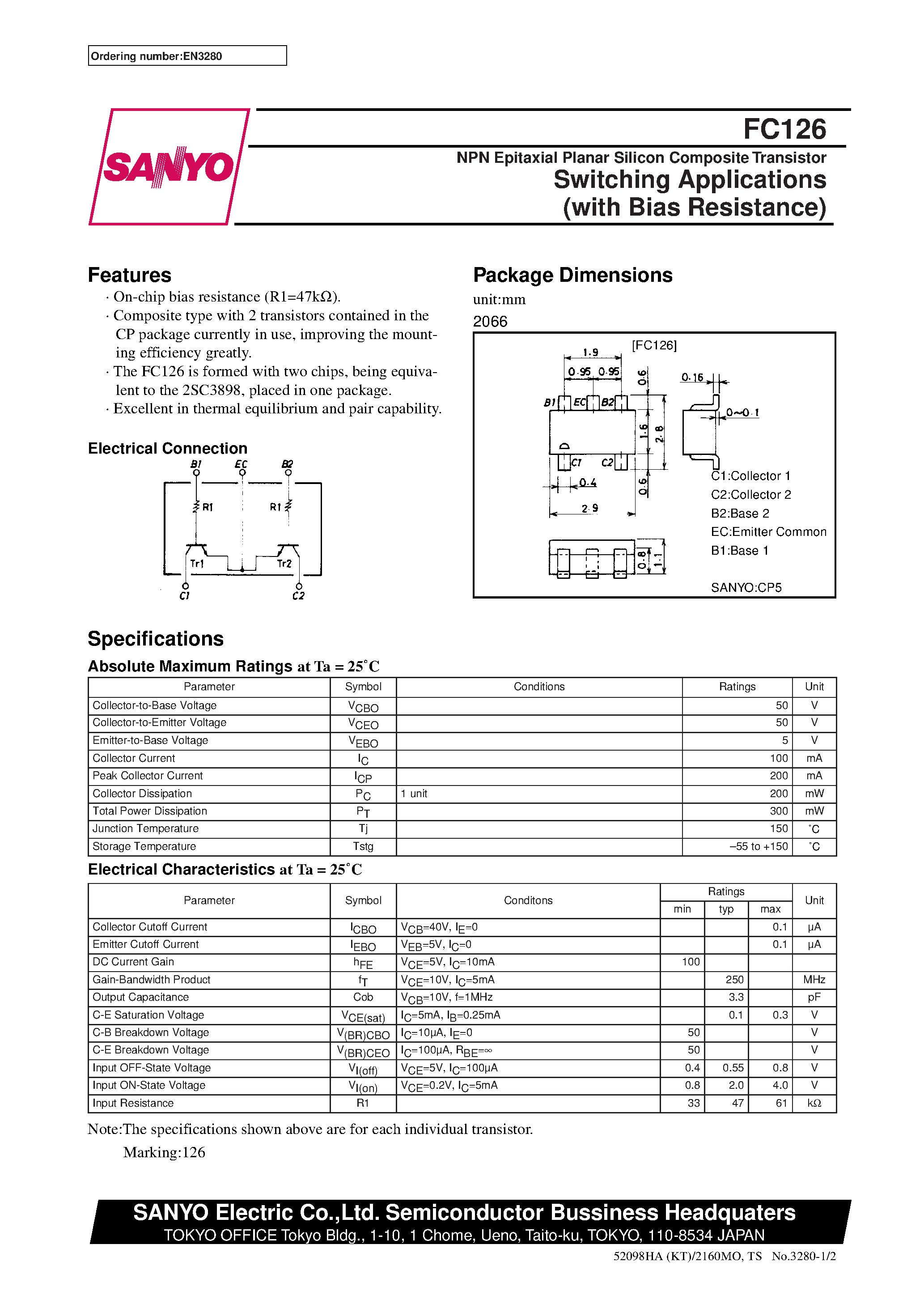 Datasheet FC126 - NPN Epitaxial Planar Silicon Composite Transistor Switching Applications (with Bias Resistance) page 1