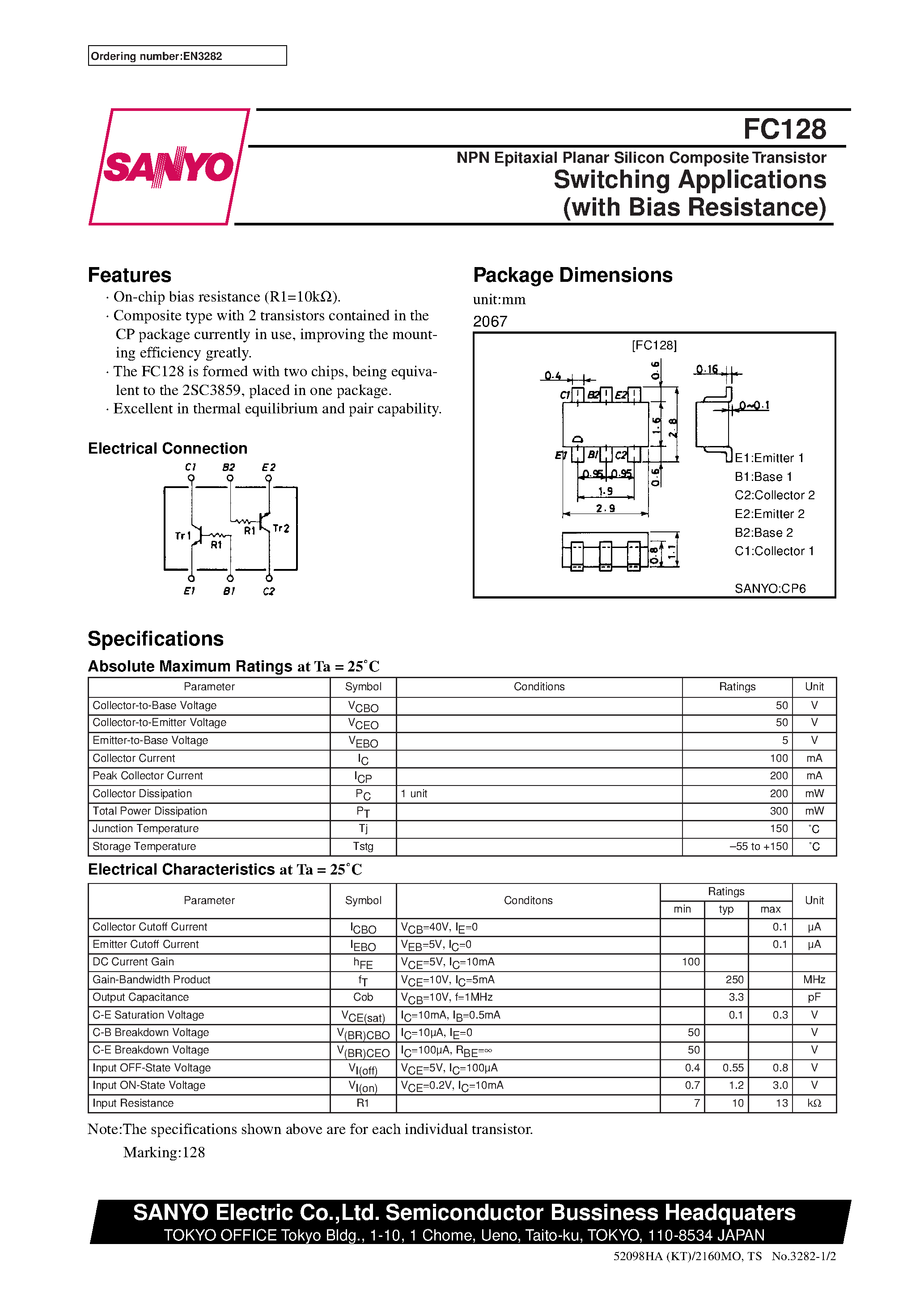 Datasheet FC128 - NPN Epitaxial Planar Silicon Composite Transistor Switching Applications (with Bias Resistance) page 1