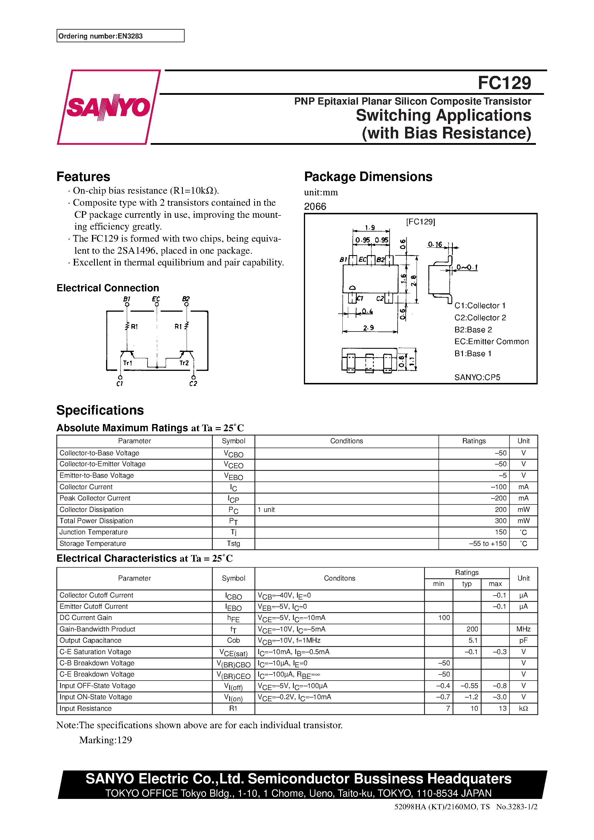 Datasheet FC129 - PNP Epitaxial Planar Silicon Composite Transistor Switching Applications (with Bias Resistance) page 1