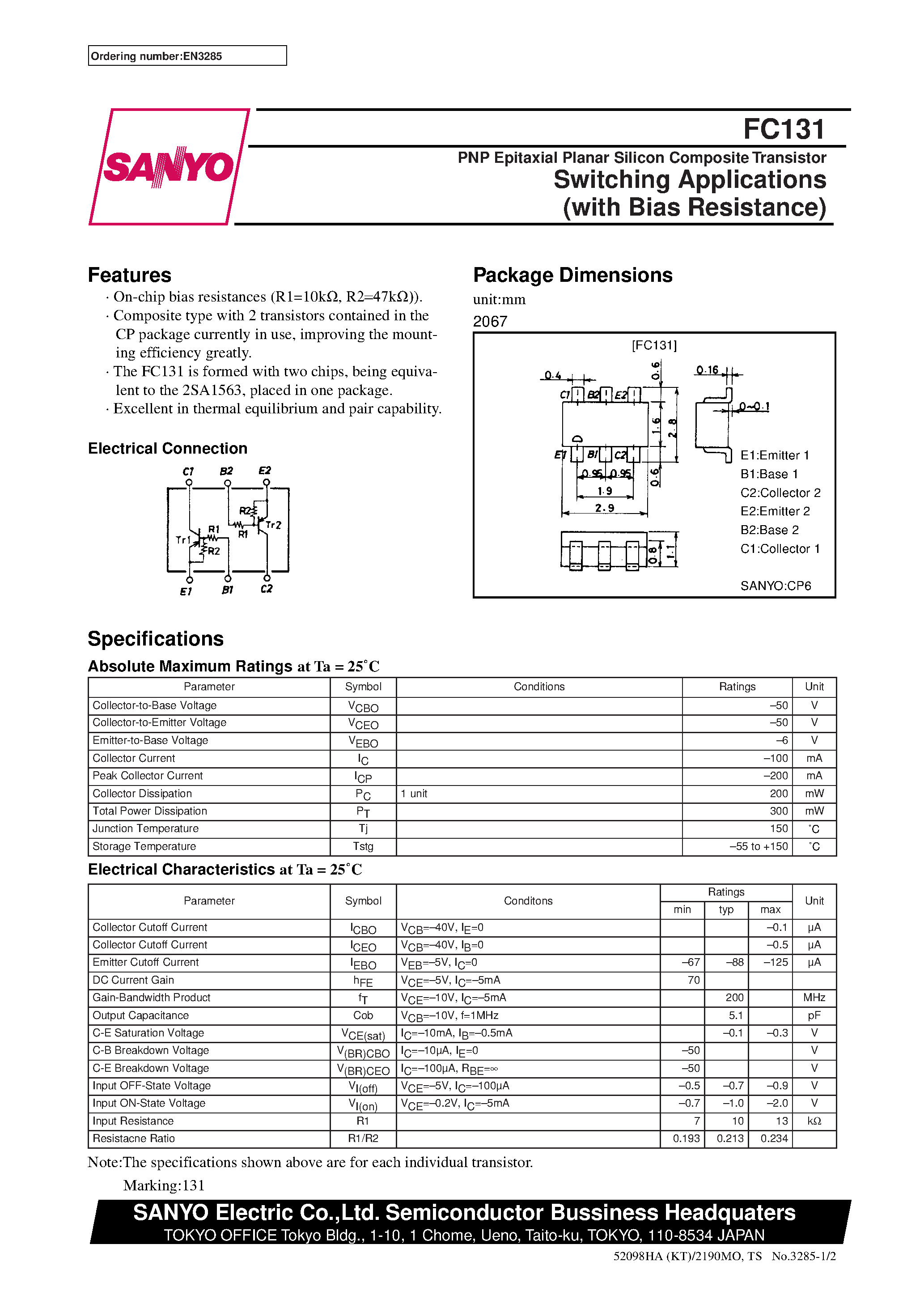 Datasheet FC131 - PNP Epitaxial Planar Silicon Composite Transistor Switching Applications (with Bias Resistance) page 1