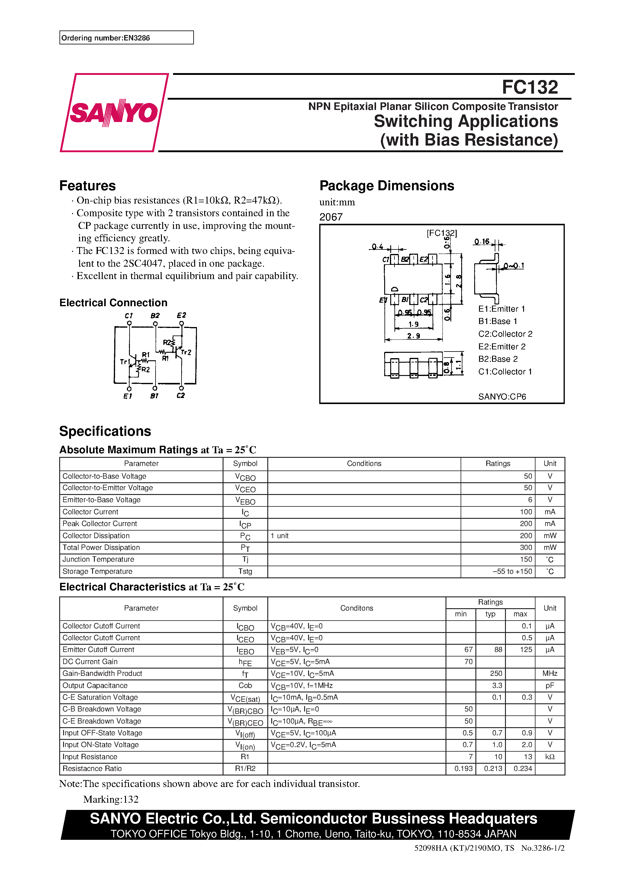 Datasheet FC132 - NPN Epitaxial Planar Silicon Composite Transistor Switching Applications (with Bias Resistance) page 1