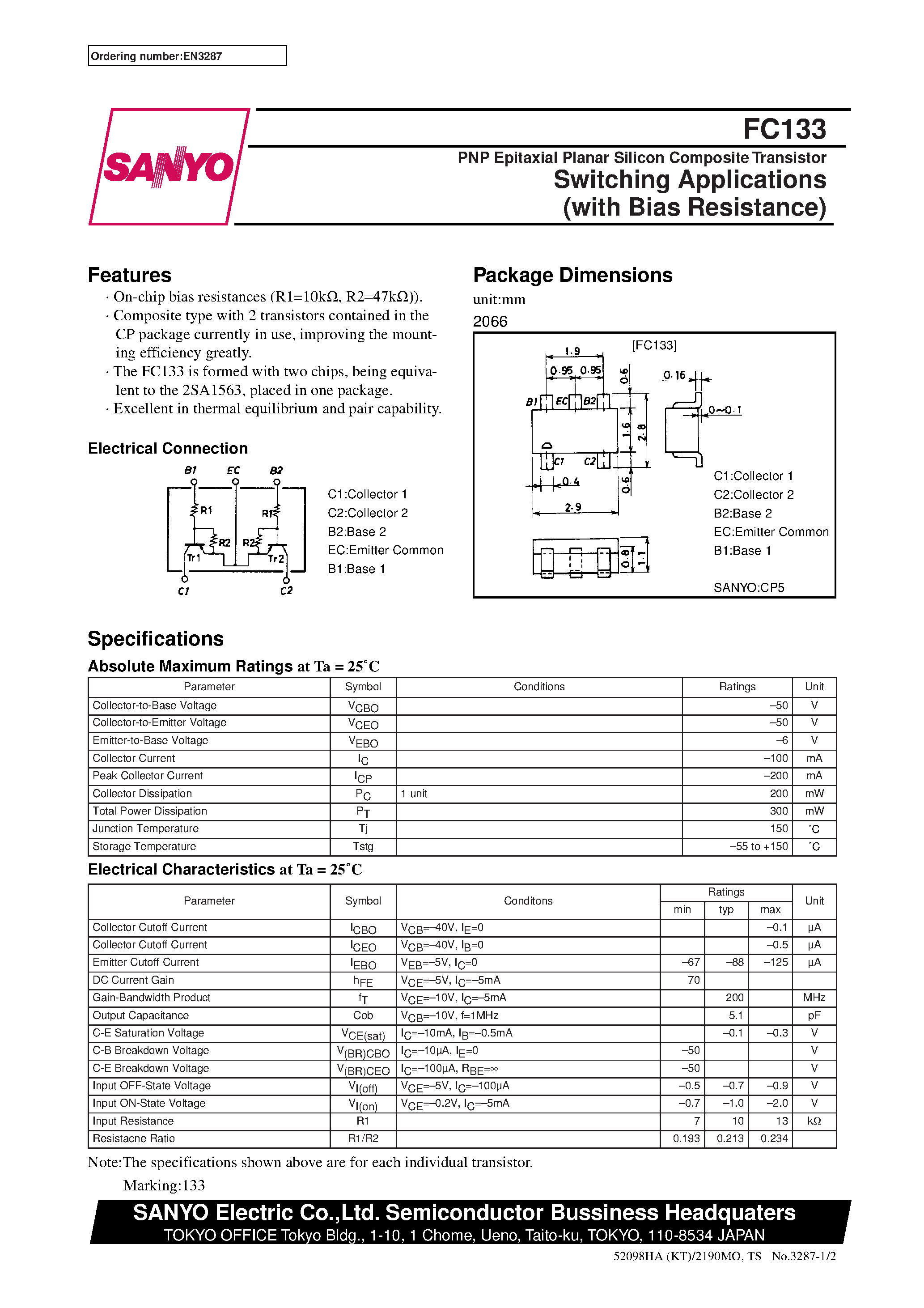 Datasheet FC133 - PNP Epitaxial Planar Silicon Composite Transistor Switching Applications (with Bias Resistance) page 1