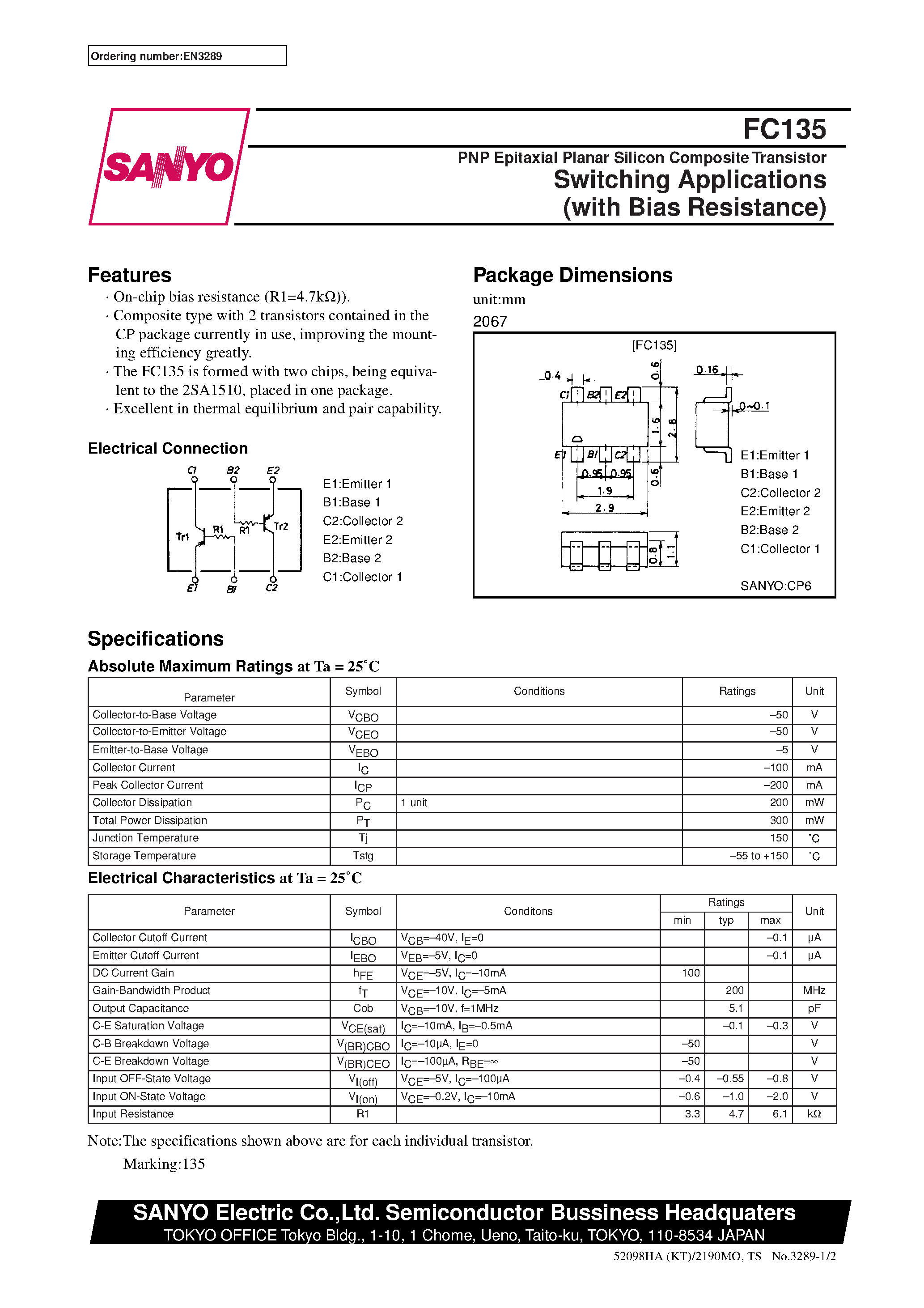 Datasheet FC135 - PNP Epitaxial Planar Silicon Composite Transistor Switching Applications (with Bias Resistance) page 1