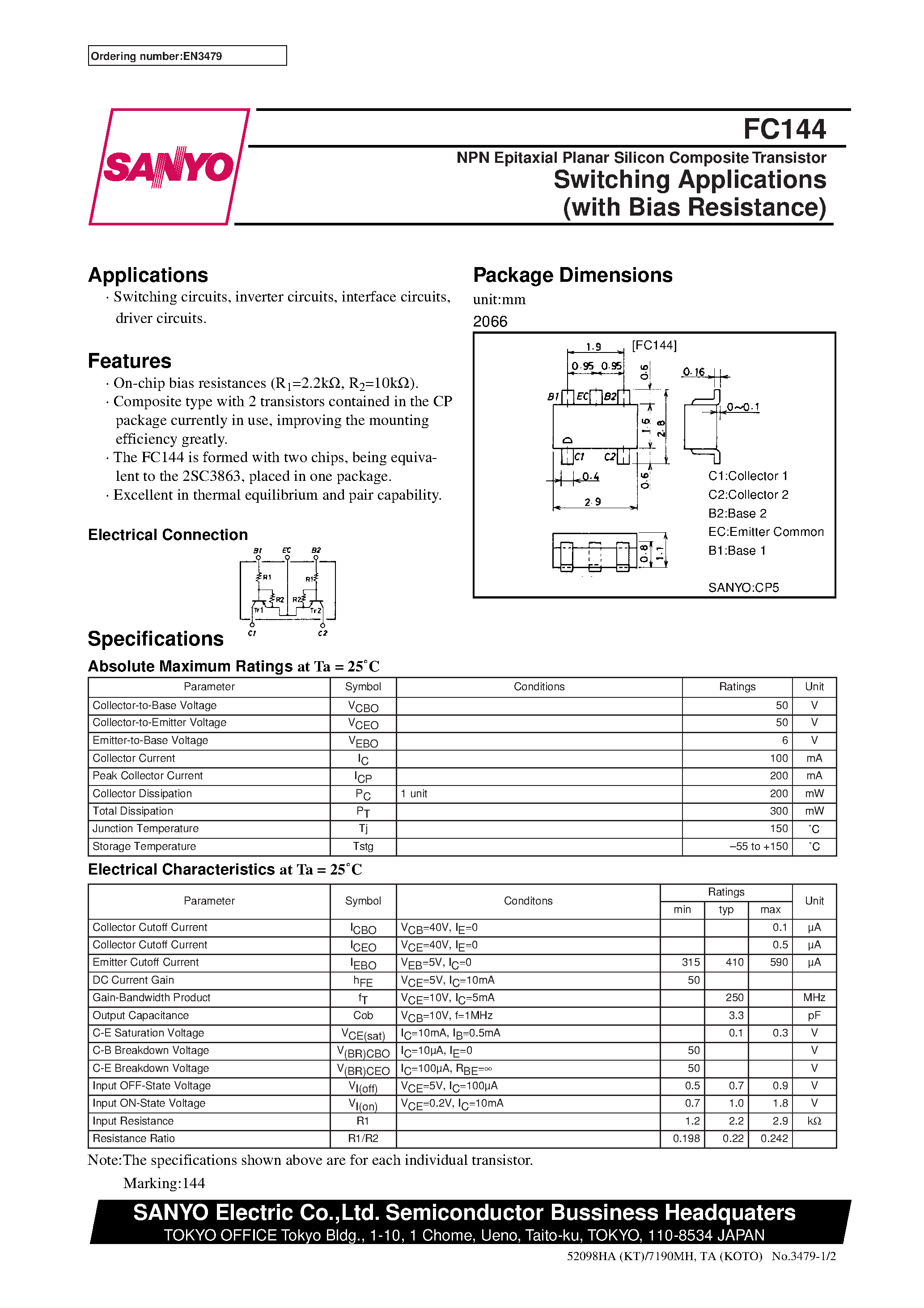 Datasheet FC144 - NPN Epitaxial Planar Silicon Composite Transistor Switching Applications (with Bias Resistance) page 1