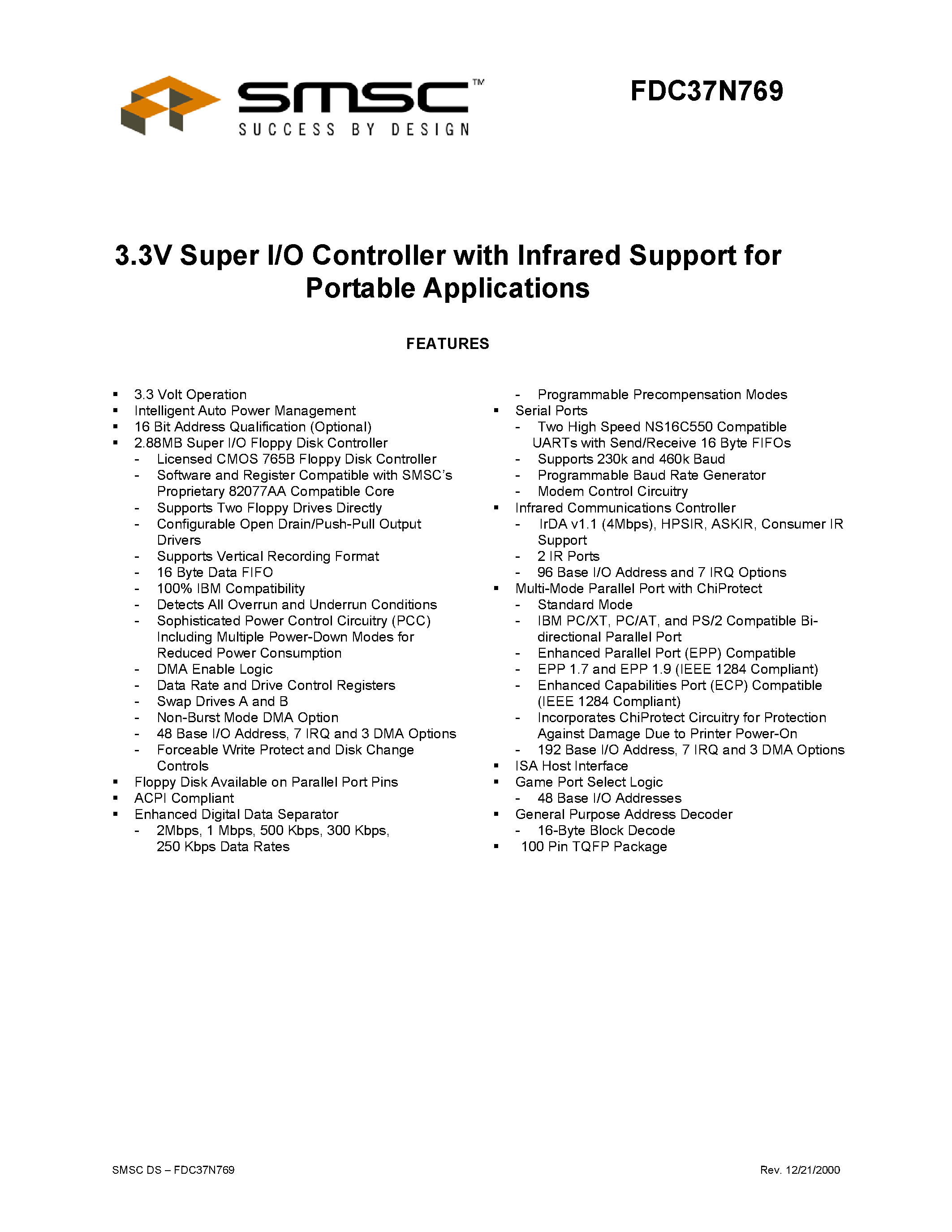 Datasheet FDC37N769 - 3.3V SUPER I/O CONTROLLER WITH INFRARED SUPPORT FOR PORTABLE APPLICATIONS page 1