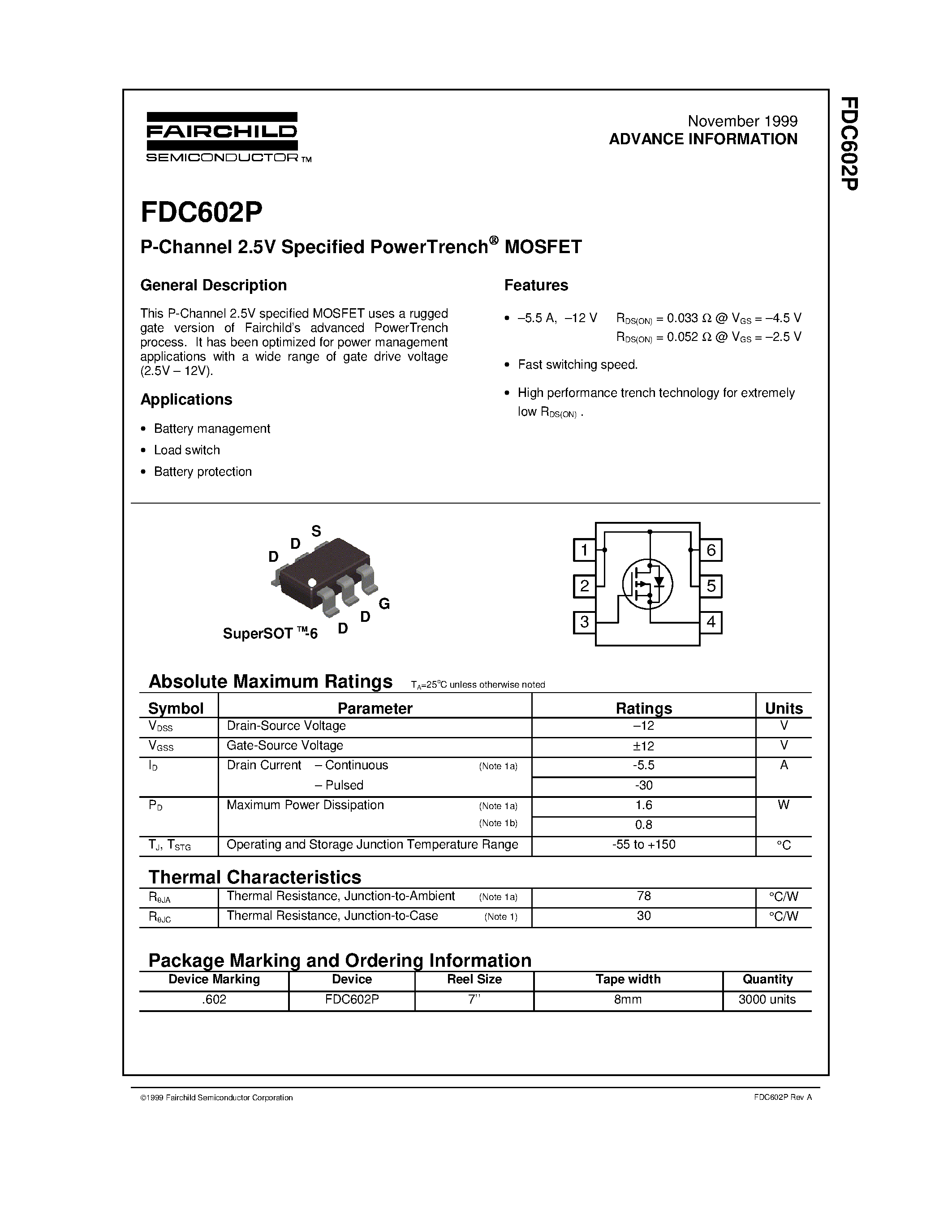 Datasheet FDC602 - P-Channel 2.5V Specified PowerTrench MOSFET page 1