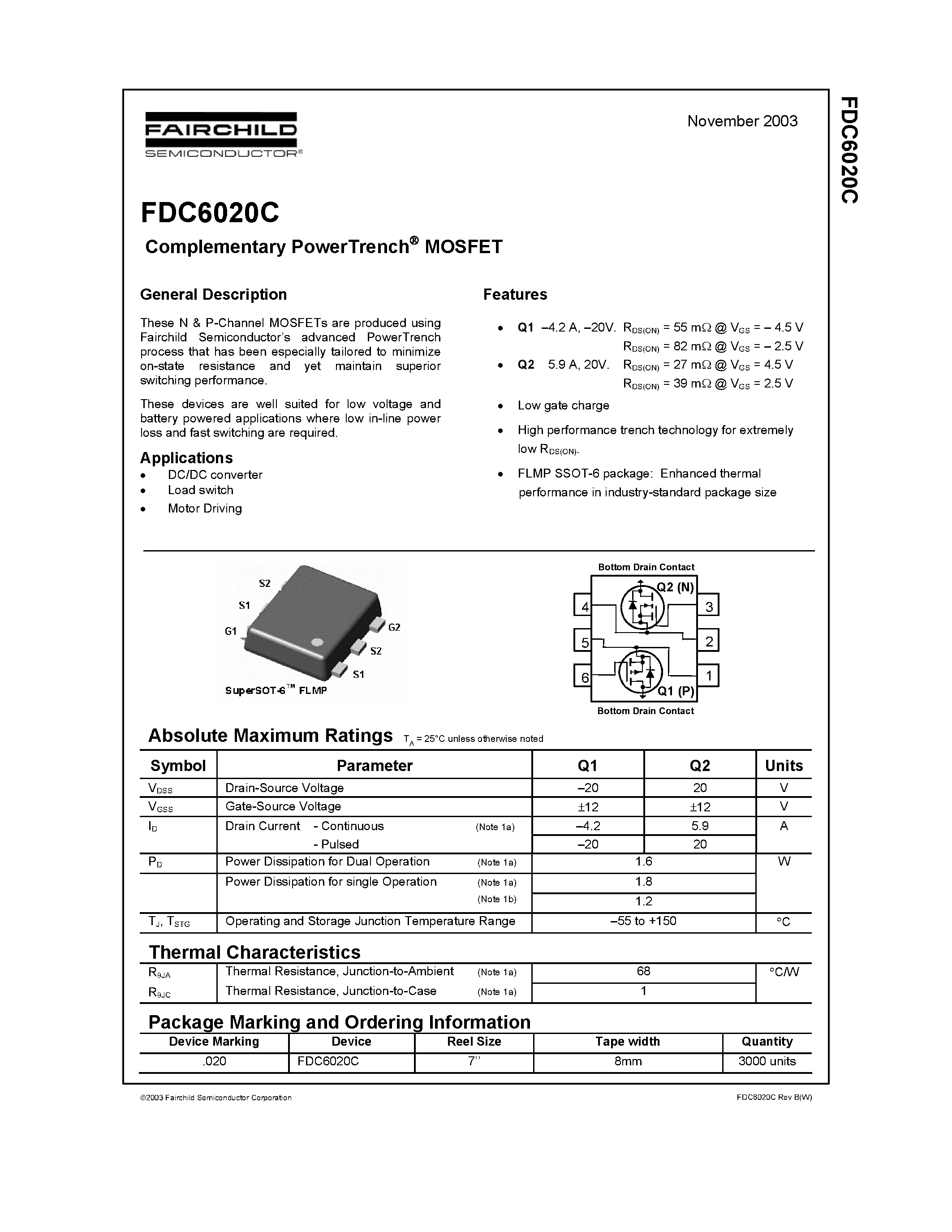 Datasheet FDC6020C - Complementary PowerTrench MOSFET page 1