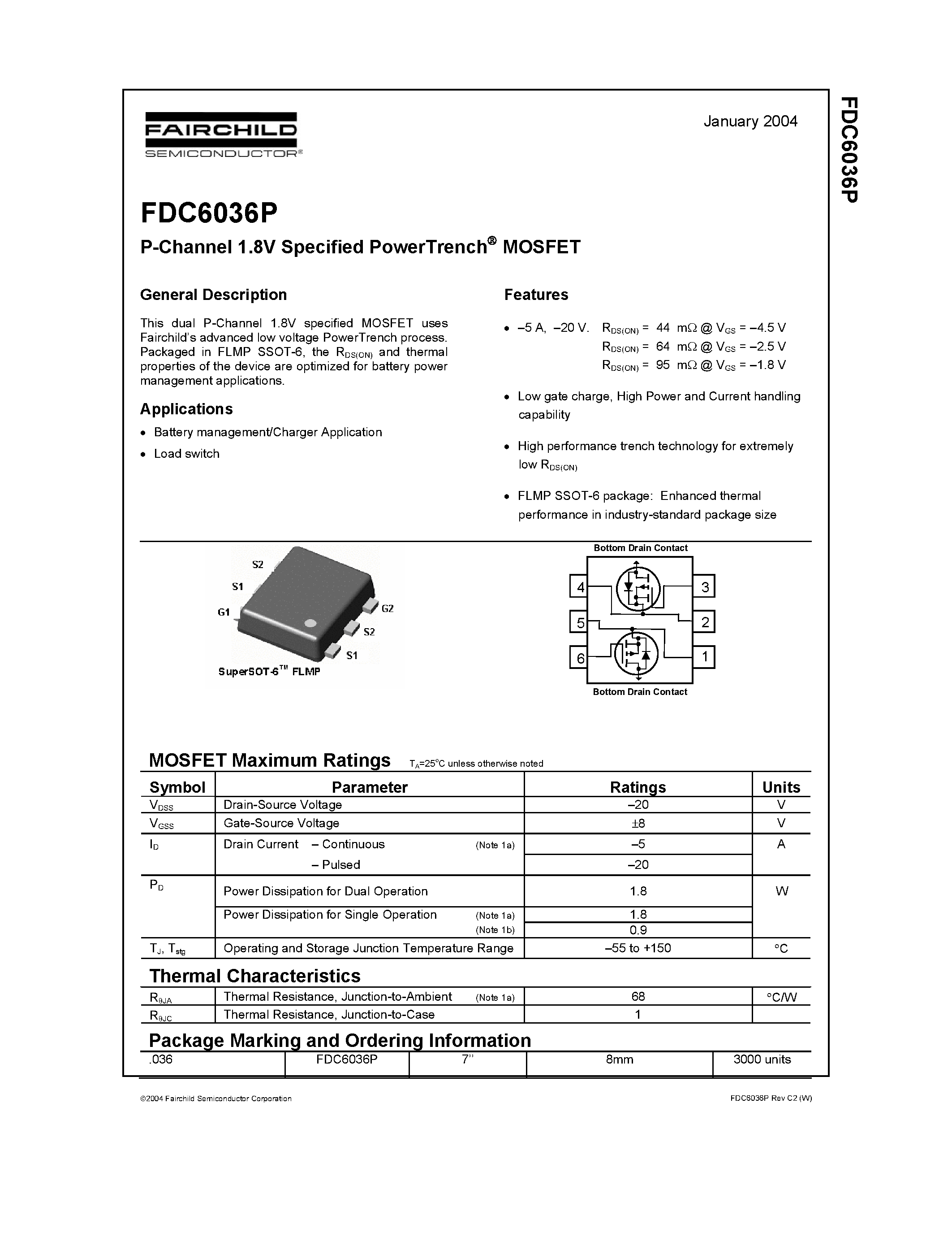 Datasheet FDC6036P - P-Channel 1.8V Specified PowerTrench MOSFET page 1