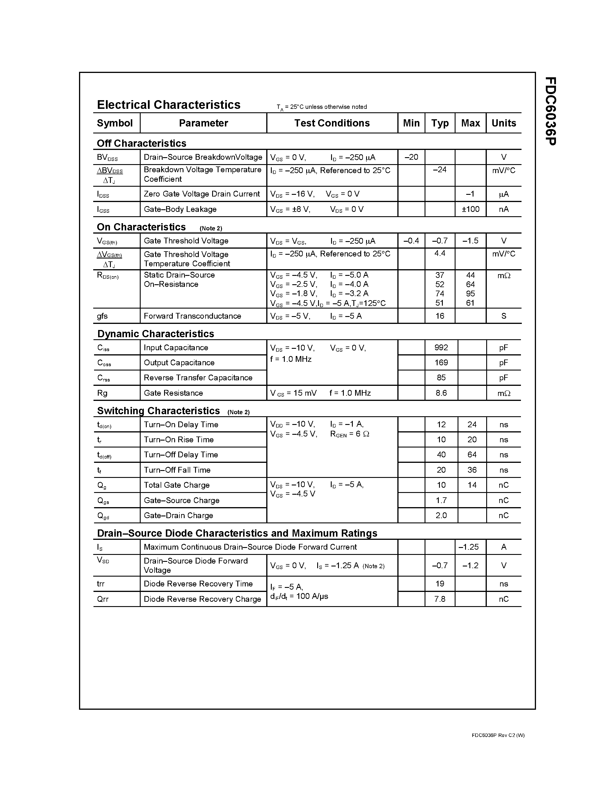 Datasheet FDC6036P - P-Channel 1.8V Specified PowerTrench MOSFET page 2