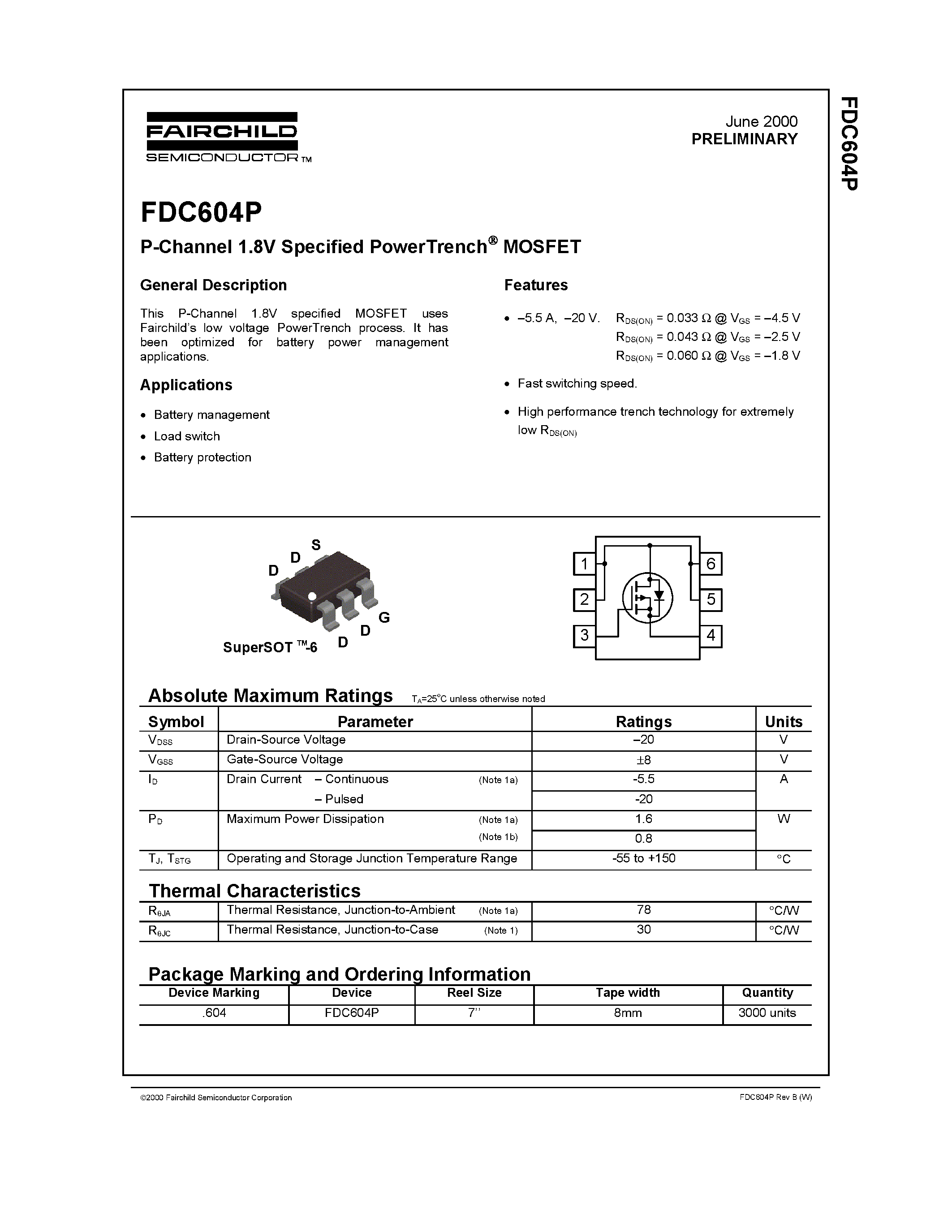 Datasheet FDC604 - P-Channel 1.8V Specified PowerTrench MOSFET page 1