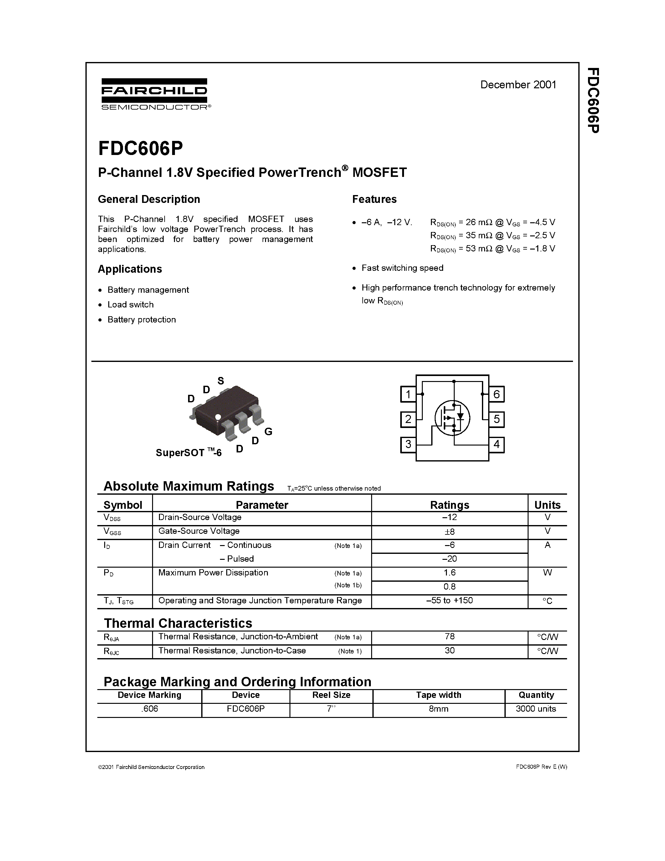 Datasheet FDC606P - P-Channel 1.8V Specified PowerTrench MOSFET page 1