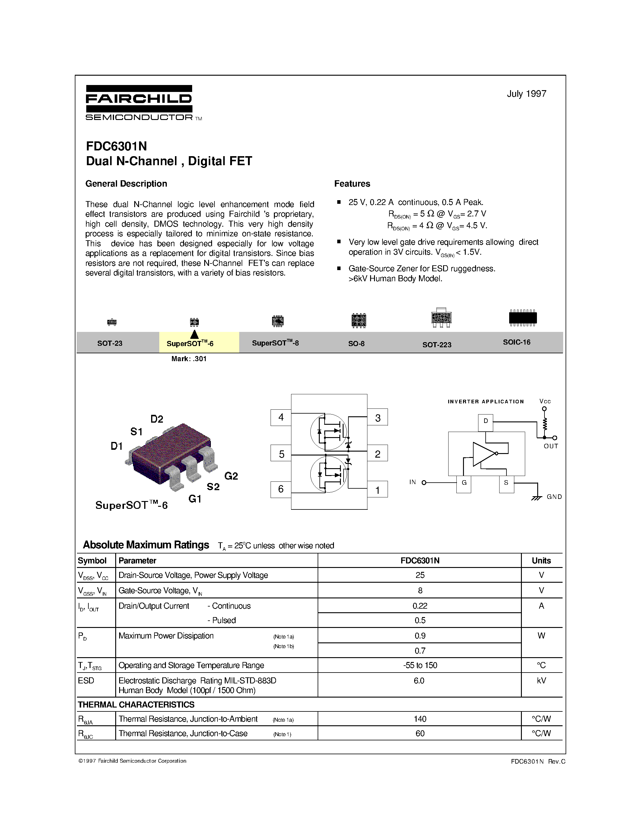 Datasheet FDC6301 - Dual N-Channel / Digital FET page 1