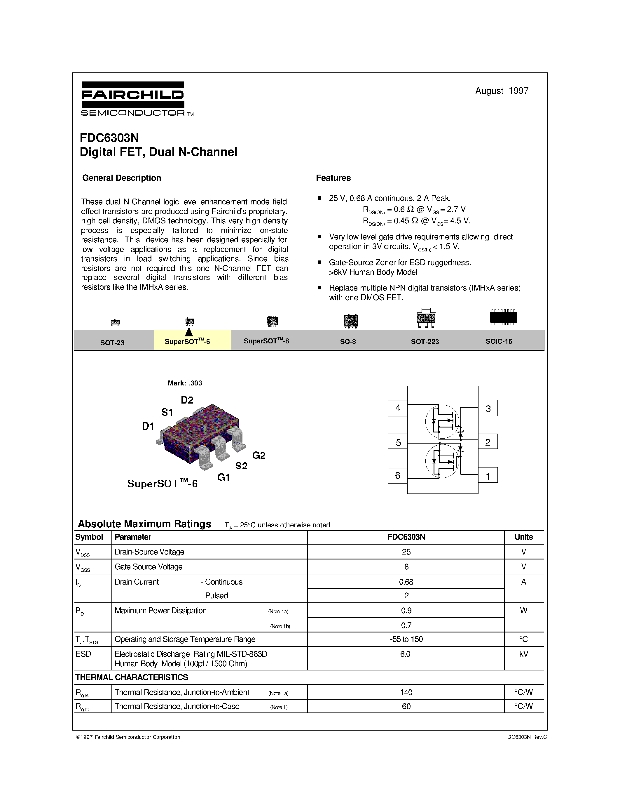 Datasheet FDC6303 - Digital FET/ Dual N-Channel page 1