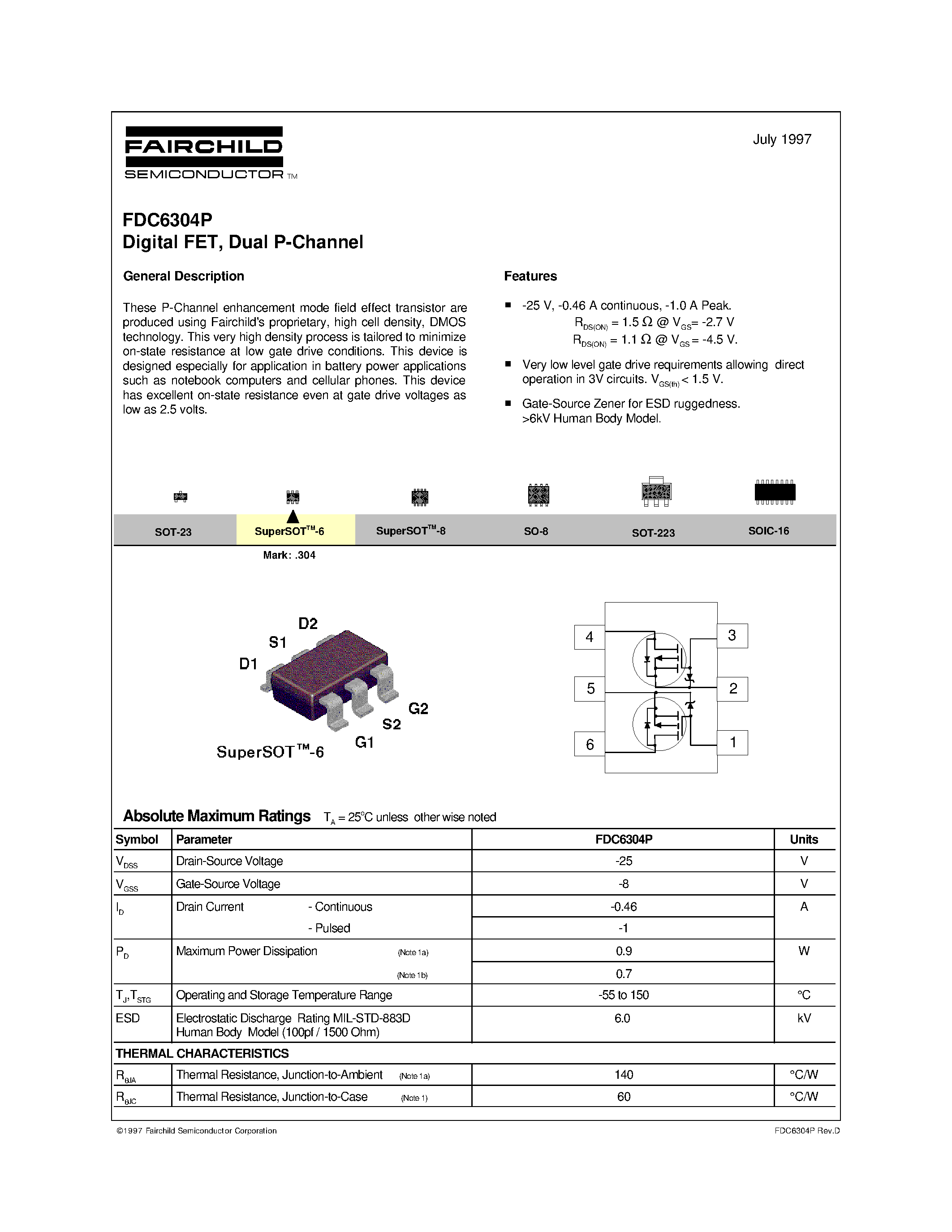 Datasheet FDC6304P - Digital FET/ Dual P-Channel page 1