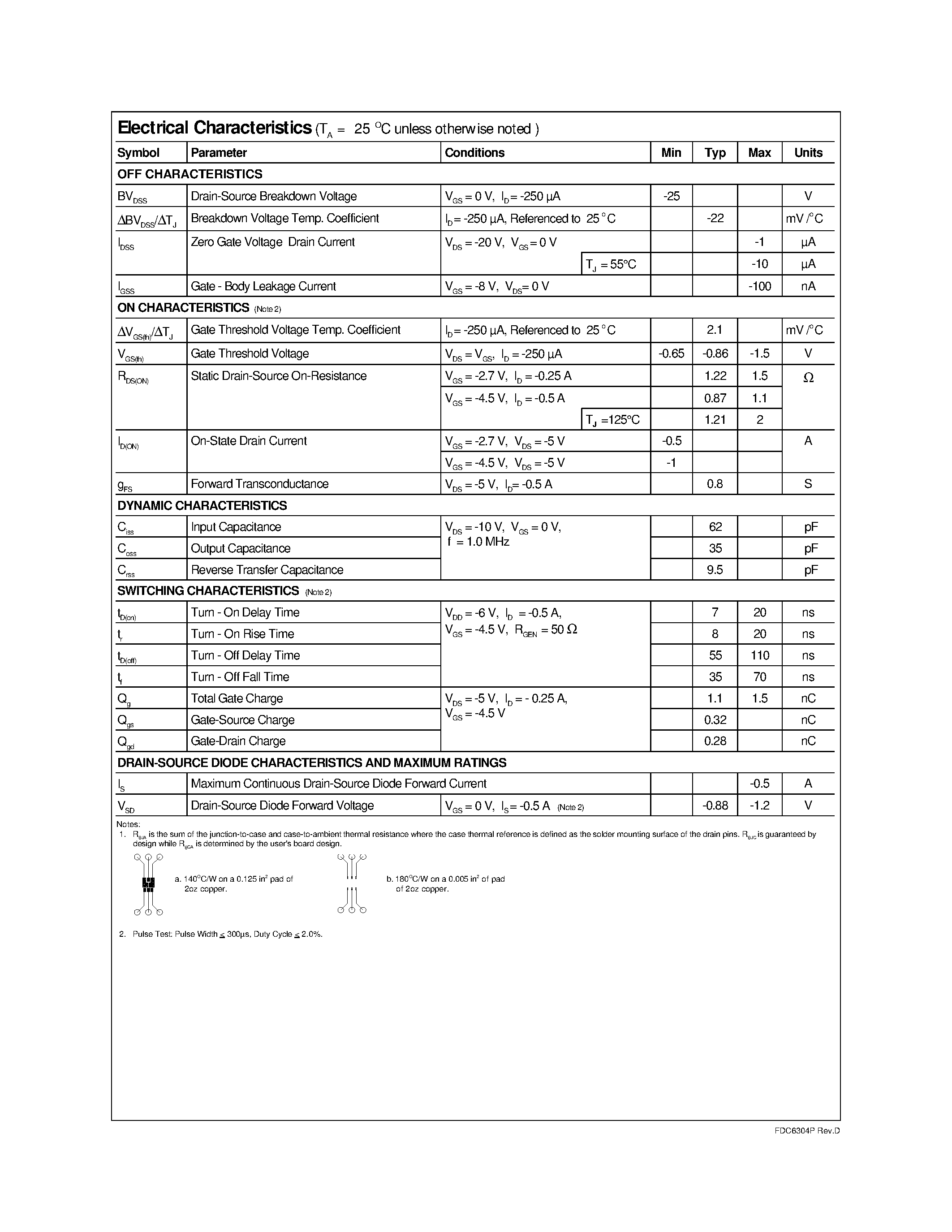 Datasheet FDC6304P - Digital FET/ Dual P-Channel page 2