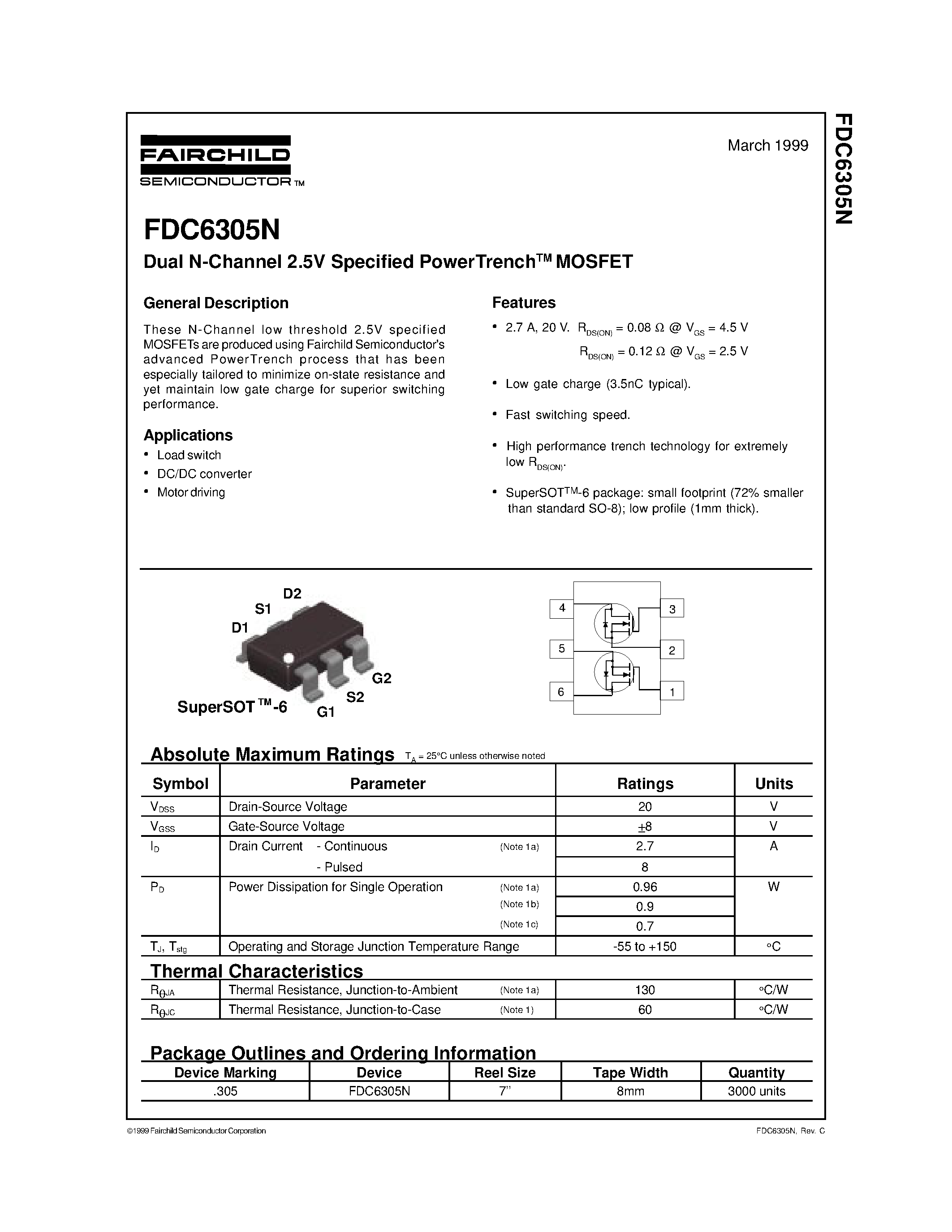 Datasheet FDC6305 - Dual N-Channel 2.5V Specified PowerTrenchTM MOSFET page 1