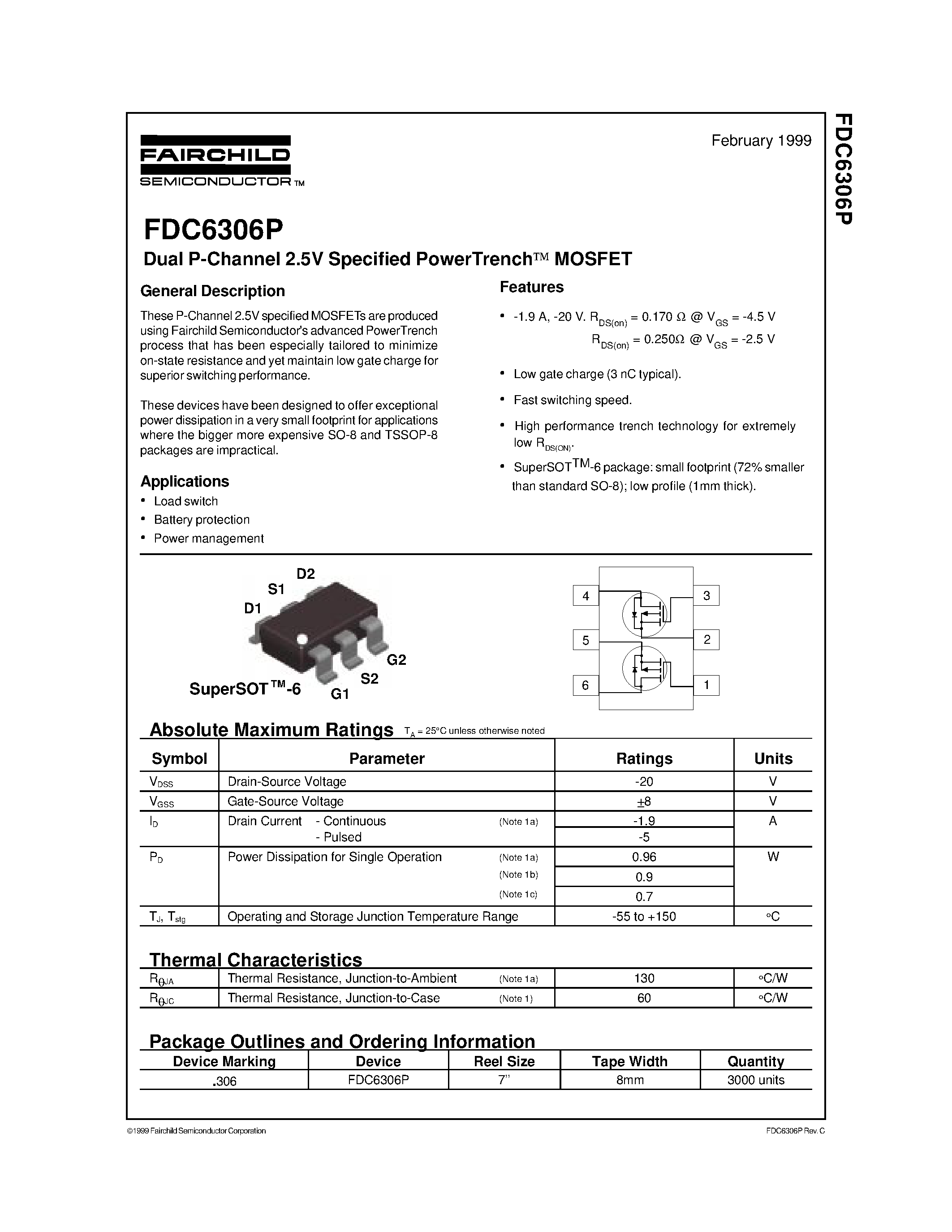 Datasheet FDC6306P - Dual P-Channel 2.5V Specified PowerTrench MOSFET page 1