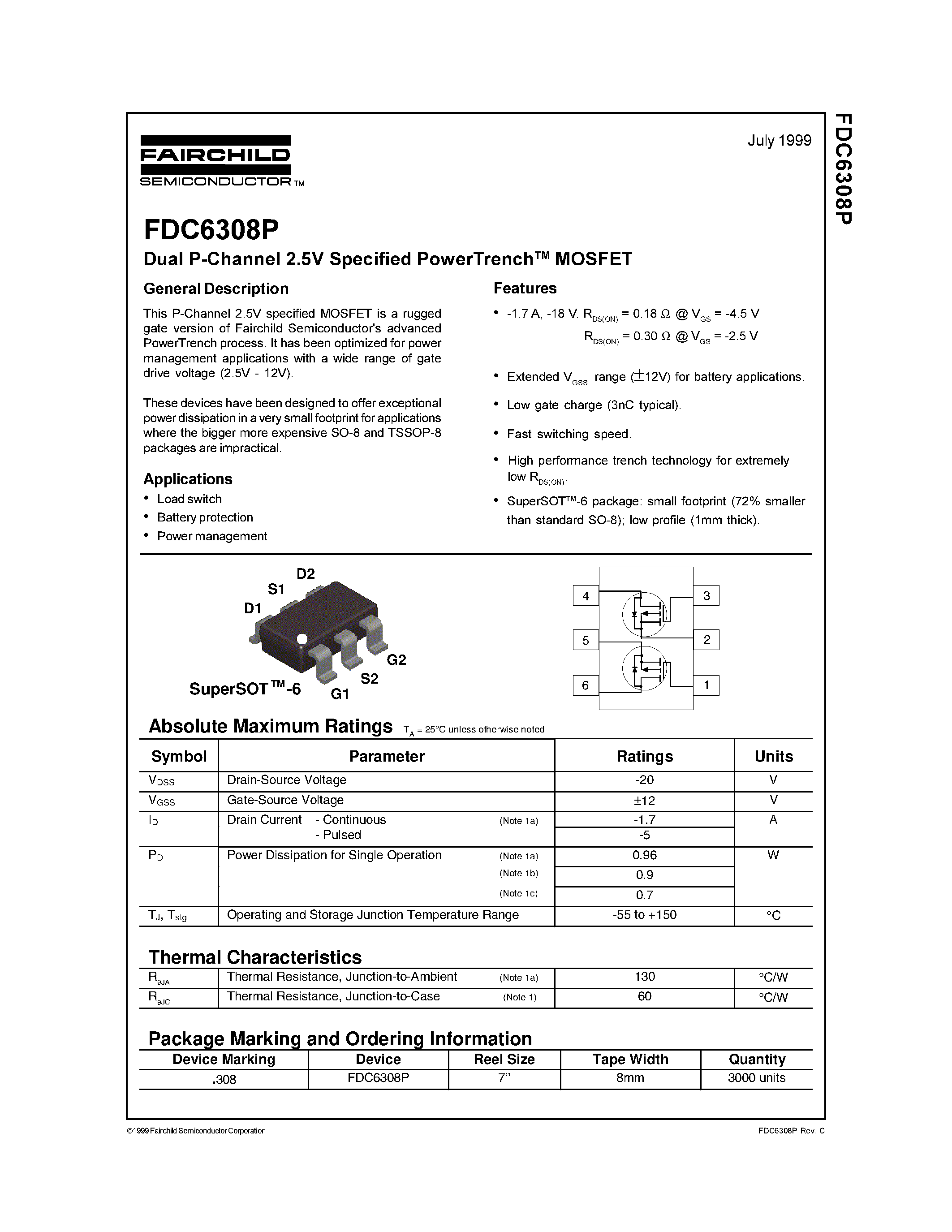 Datasheet FDC6308P - Dual P-Channel 2.5V Specified PowerTrench MOSFET page 1