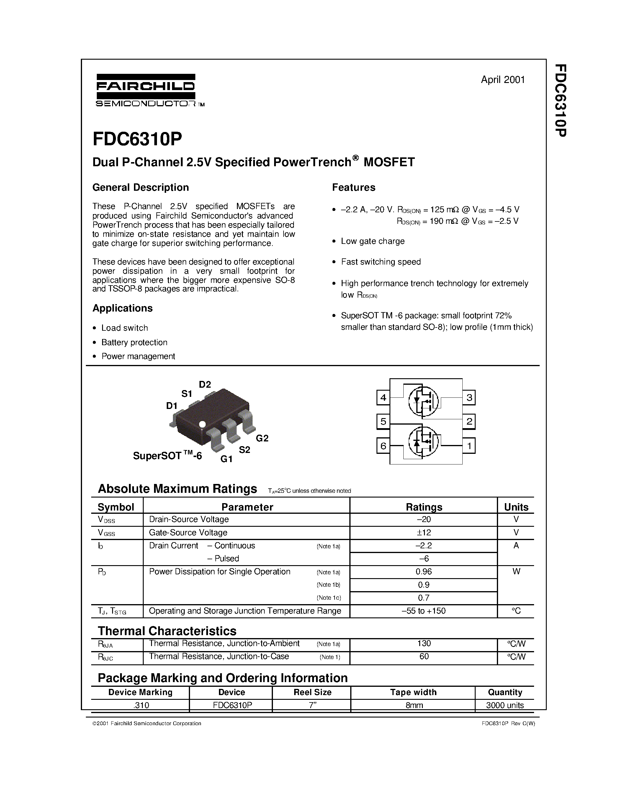 Datasheet FDC6310P - Dual P-Channel 2.5V Specified PowerTrench MOSFET page 1