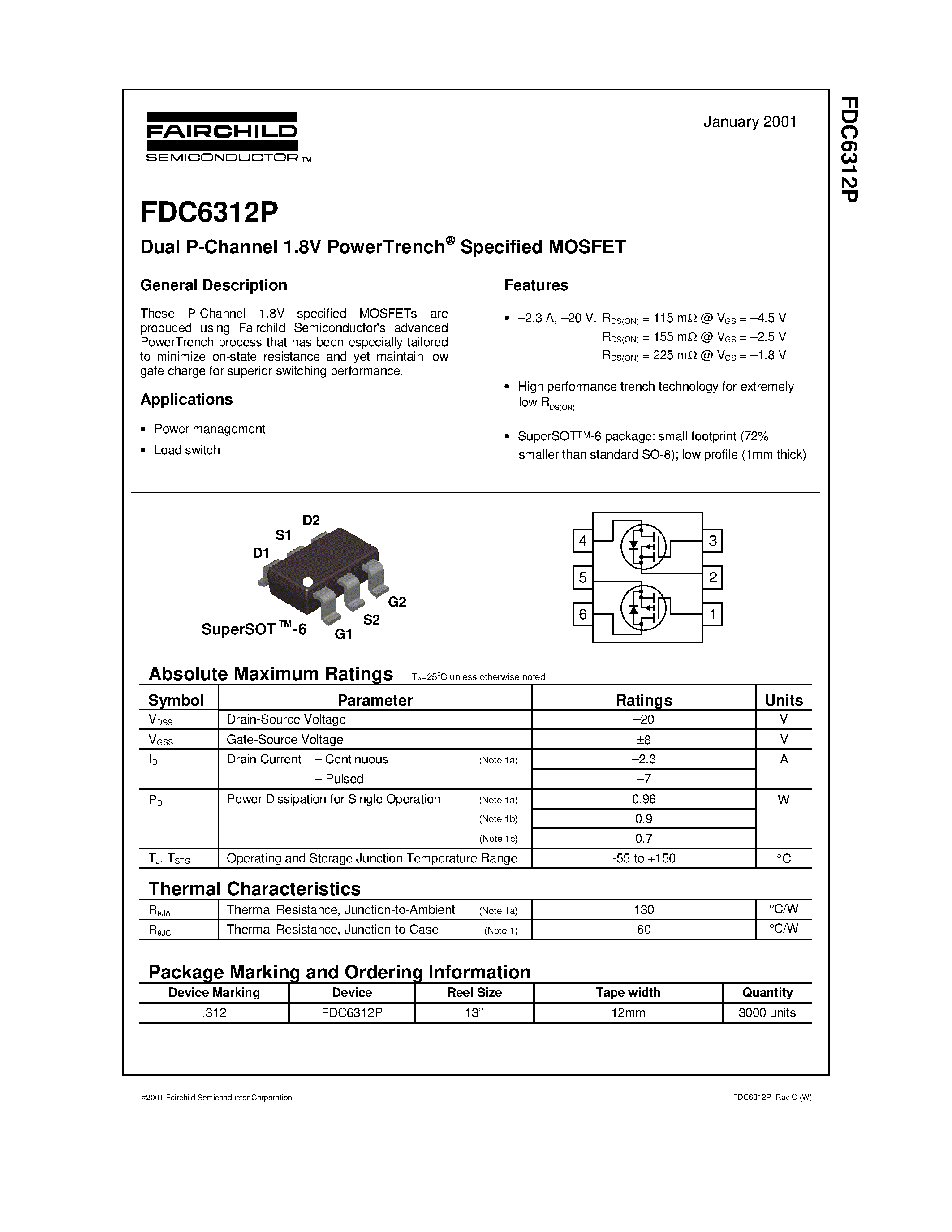 Datasheet FDC6312P - Dual P-Channel 1.8V PowerTrench Specified MOSFET page 1