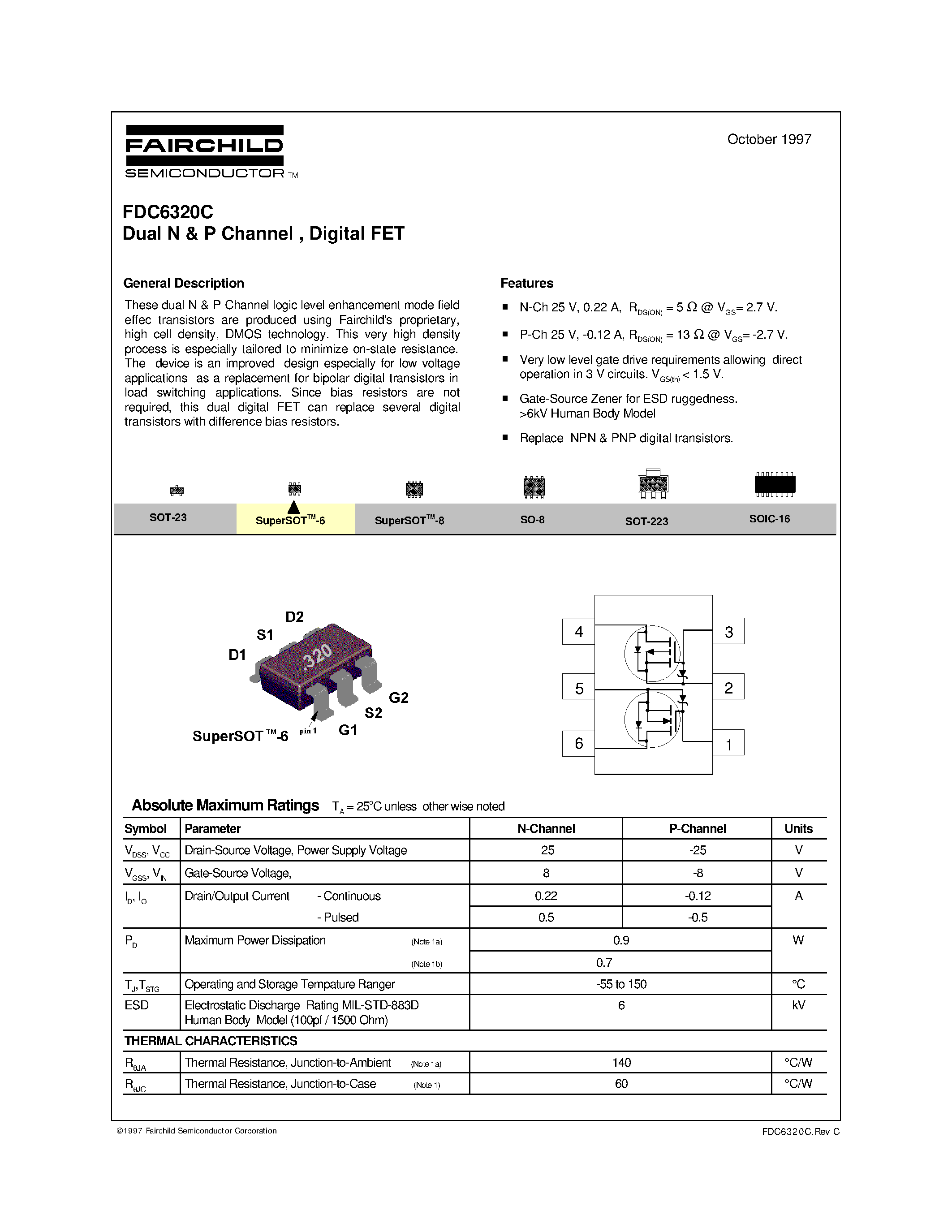 Datasheet FDC6320 - Dual N & P Channel / Digital FET page 1