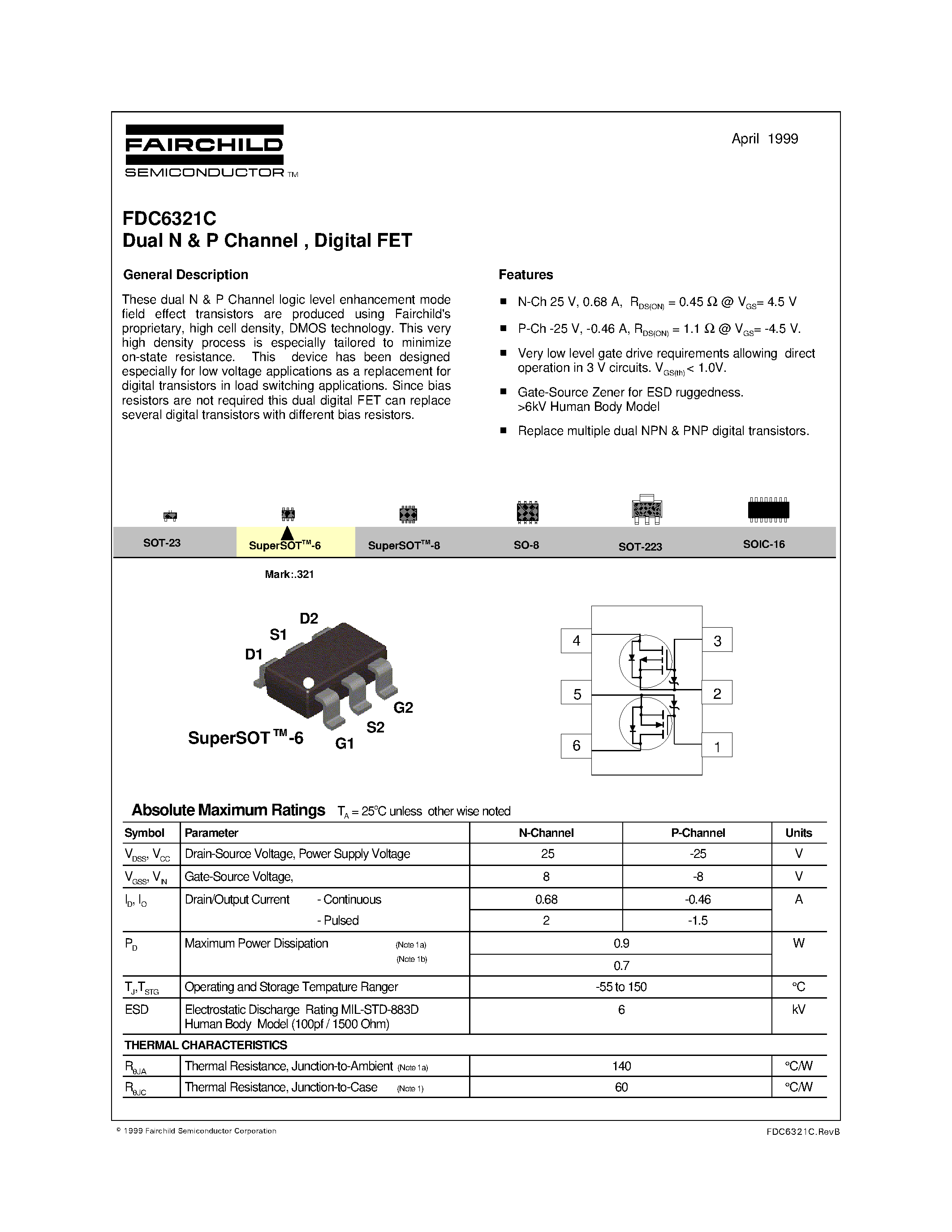 Datasheet FDC6321C - Dual N & P Channel / Digital FET page 1