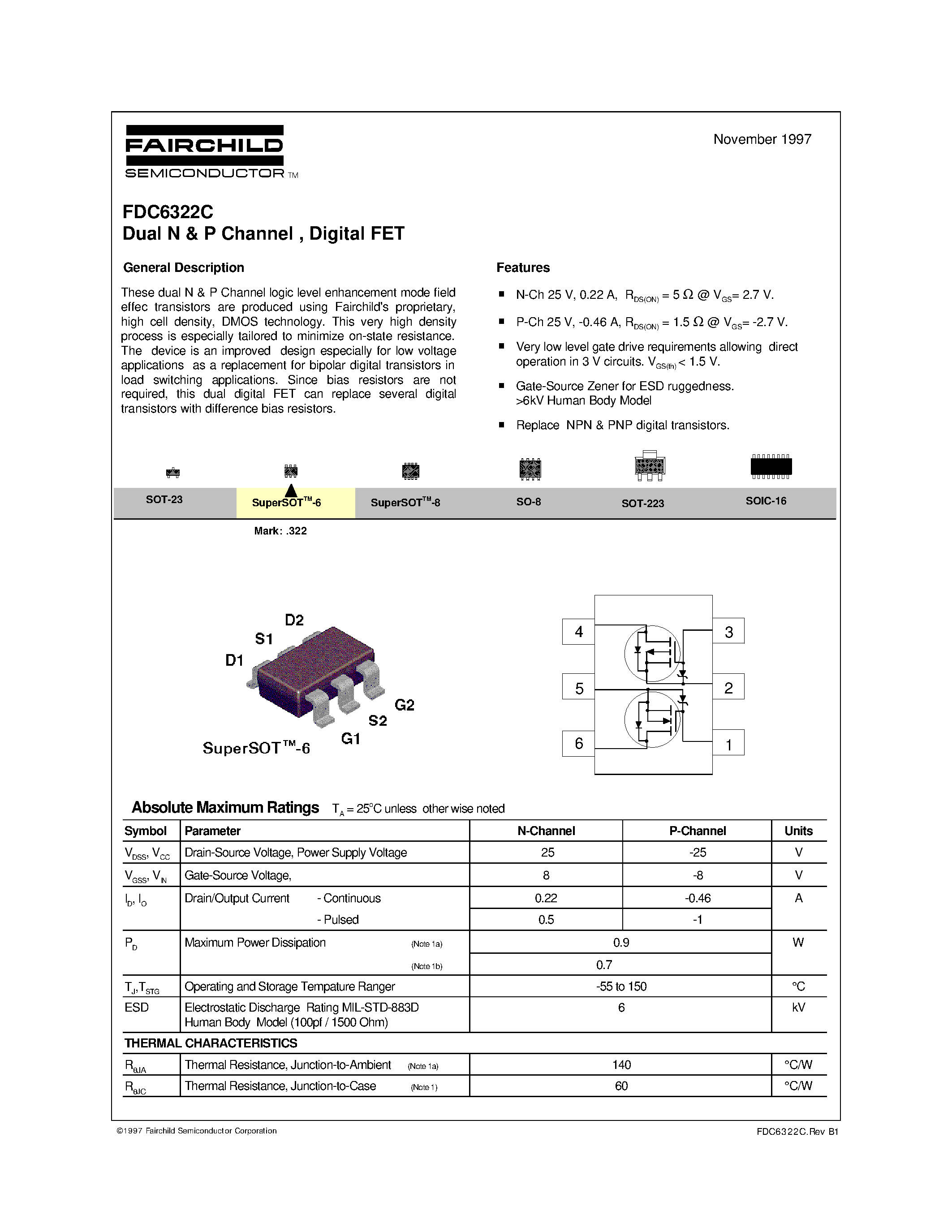 Datasheet FDC6322 - Dual N & P Channel / Digital FET page 1