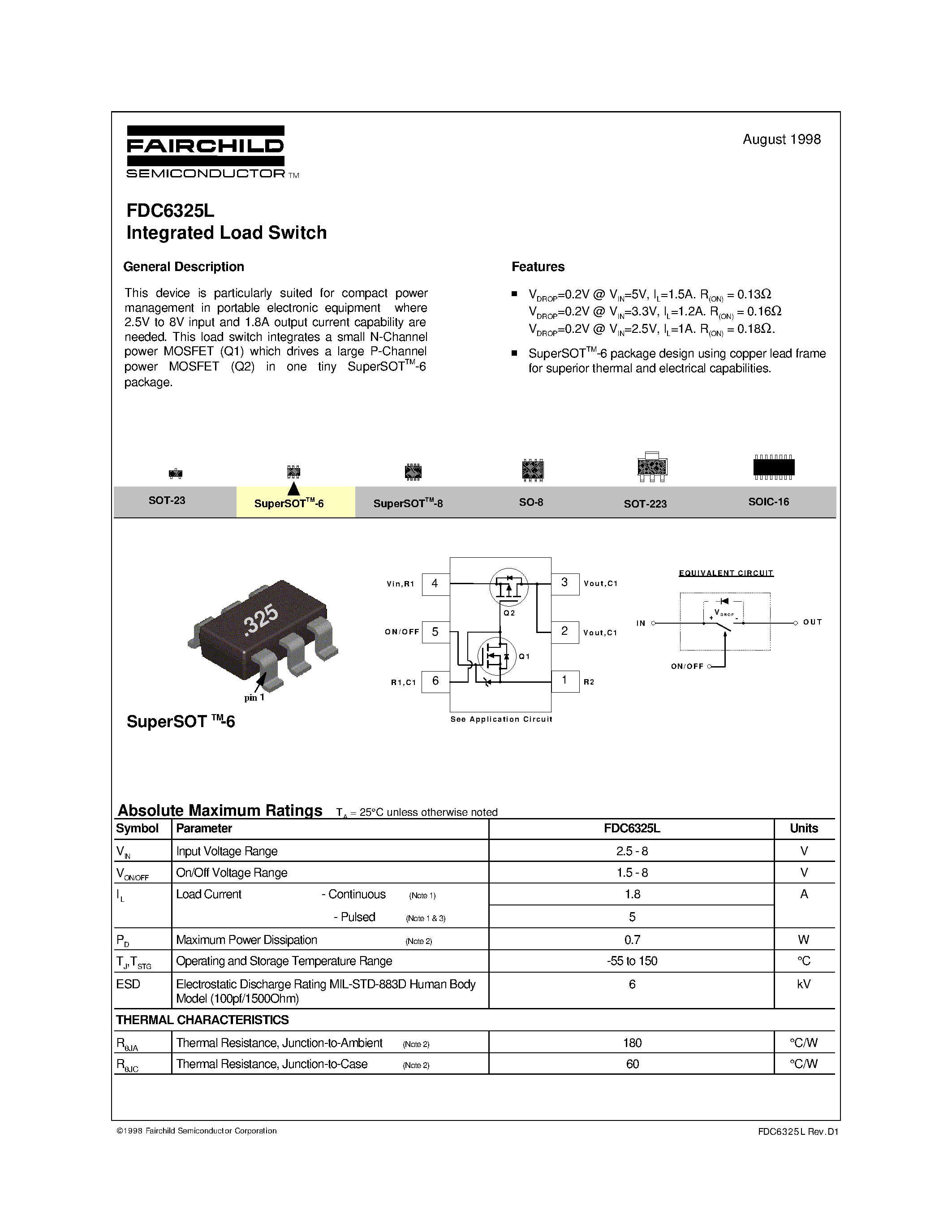 Datasheet FDC6325L - Integrated Load Switch page 1