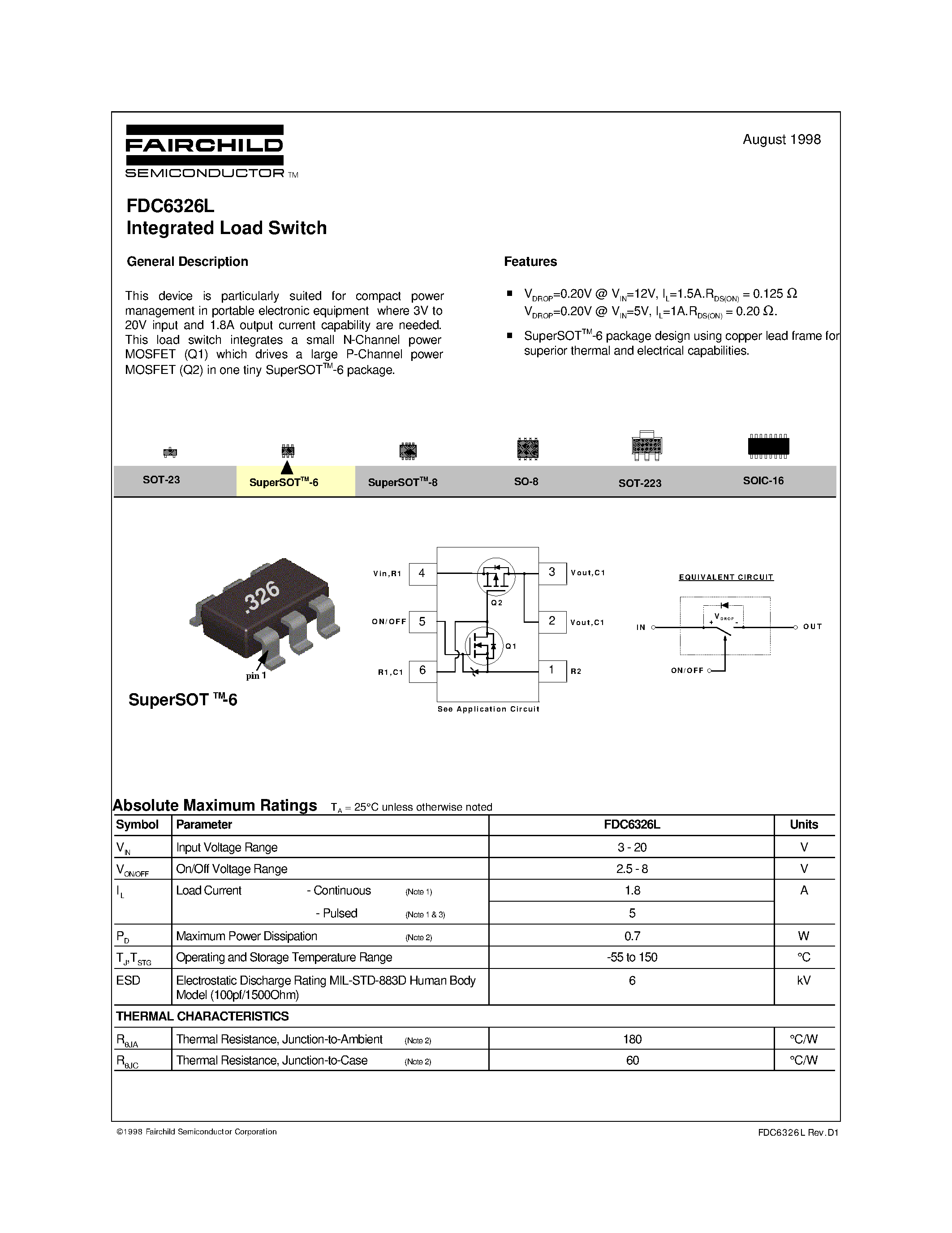 Datasheet FDC6326 - Integrated Load Switch page 1