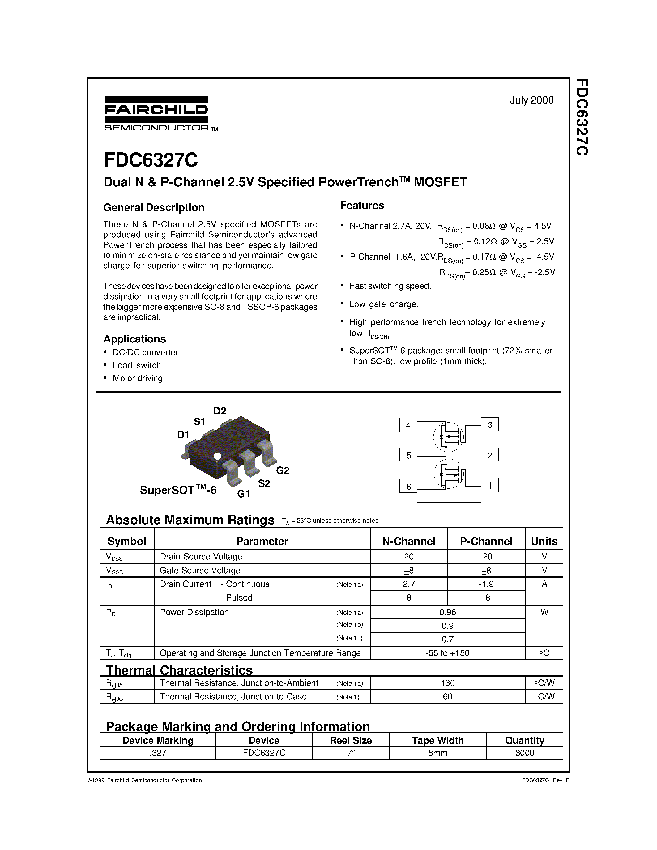 Datasheet FDC6327 - Dual N & P-Channel 2.5V Specified PowerTrenchTM MOSFET page 1