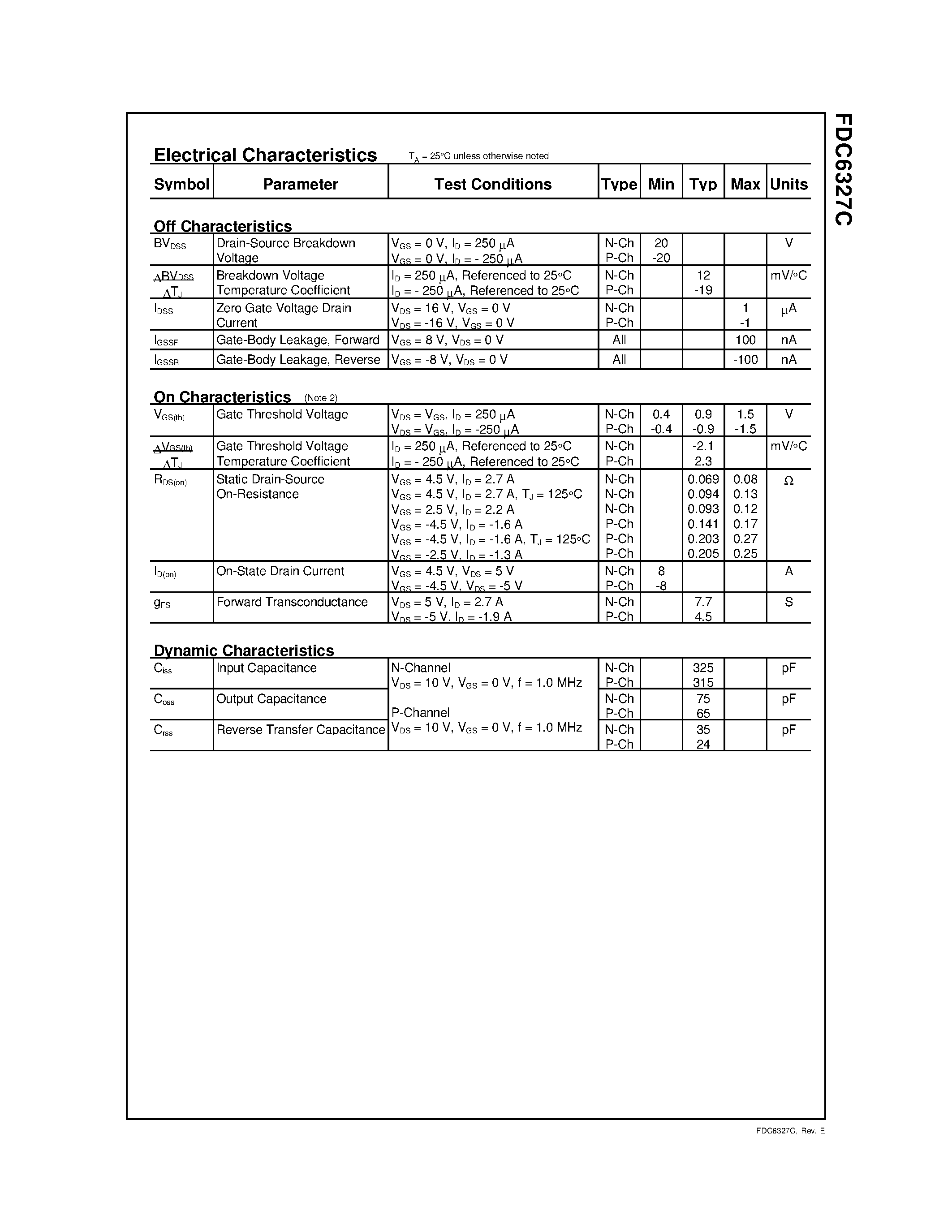 Datasheet FDC6327 - Dual N & P-Channel 2.5V Specified PowerTrenchTM MOSFET page 2