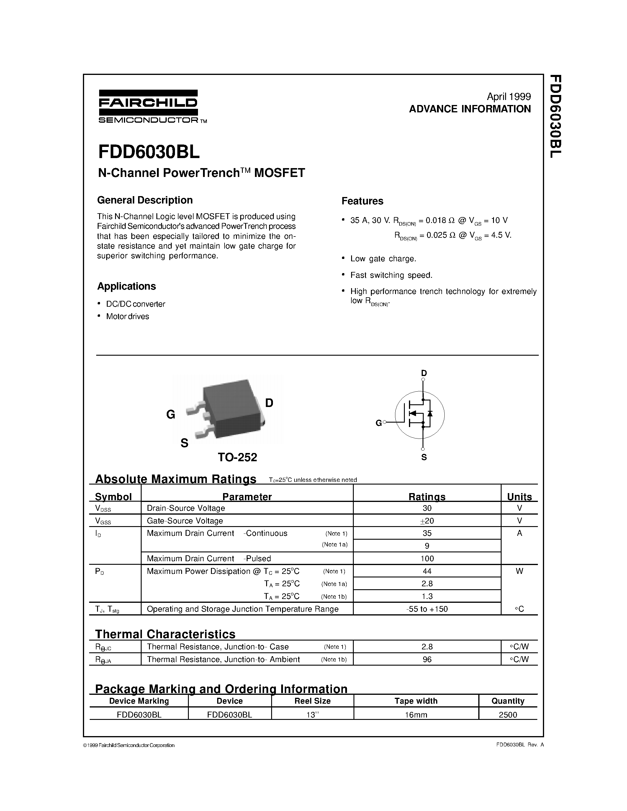 Datasheet FDD6030 - N-Channel Logic Level Enhancement Mode Field Effect Transistor page 1