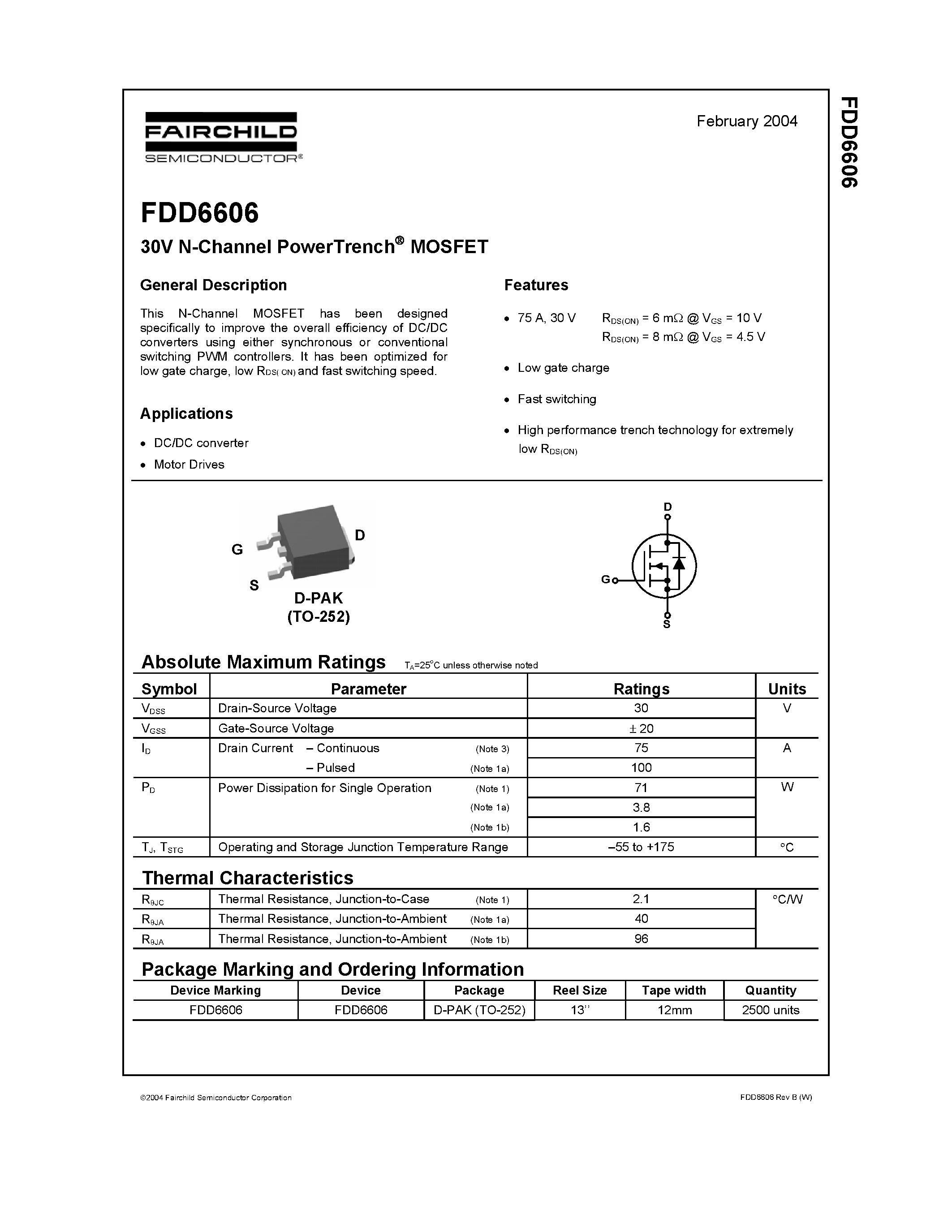 Datasheet FDD6606 - 30V N-Channel PowerTrench MOSFET page 1