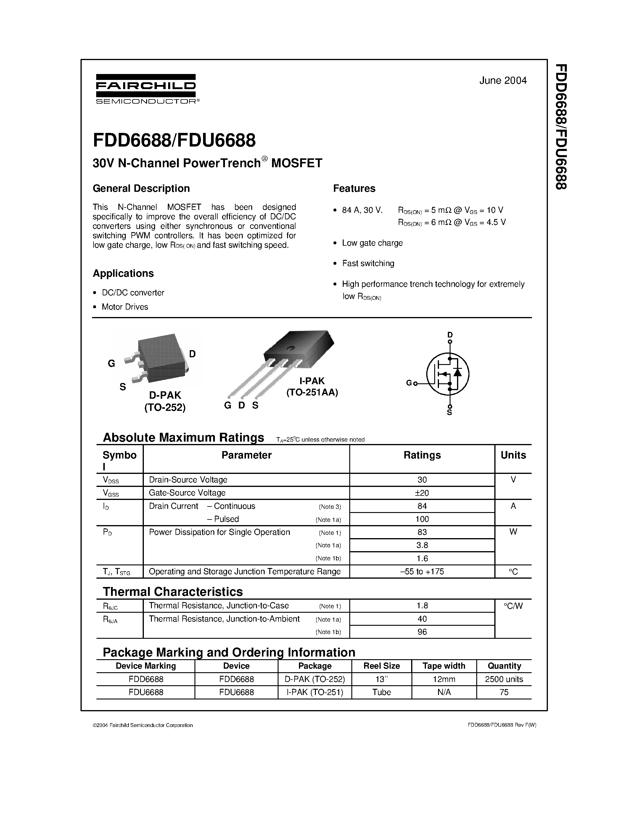 Datasheet FDD6688 - 30V N-Channel PowerTrench MOSFET page 1