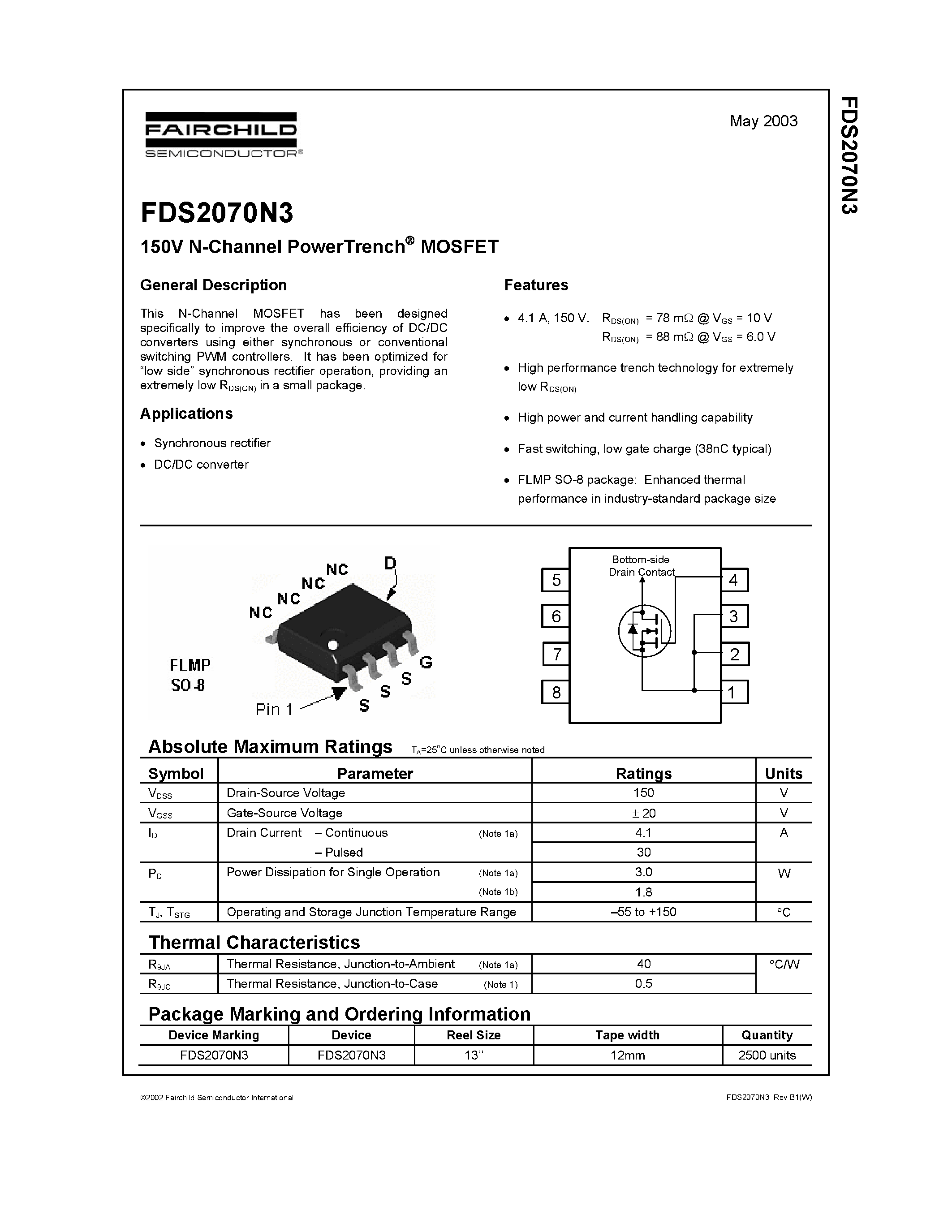 Datasheet FDS2070N3 - 150V N-Channel PowerTrench MOSFET page 1