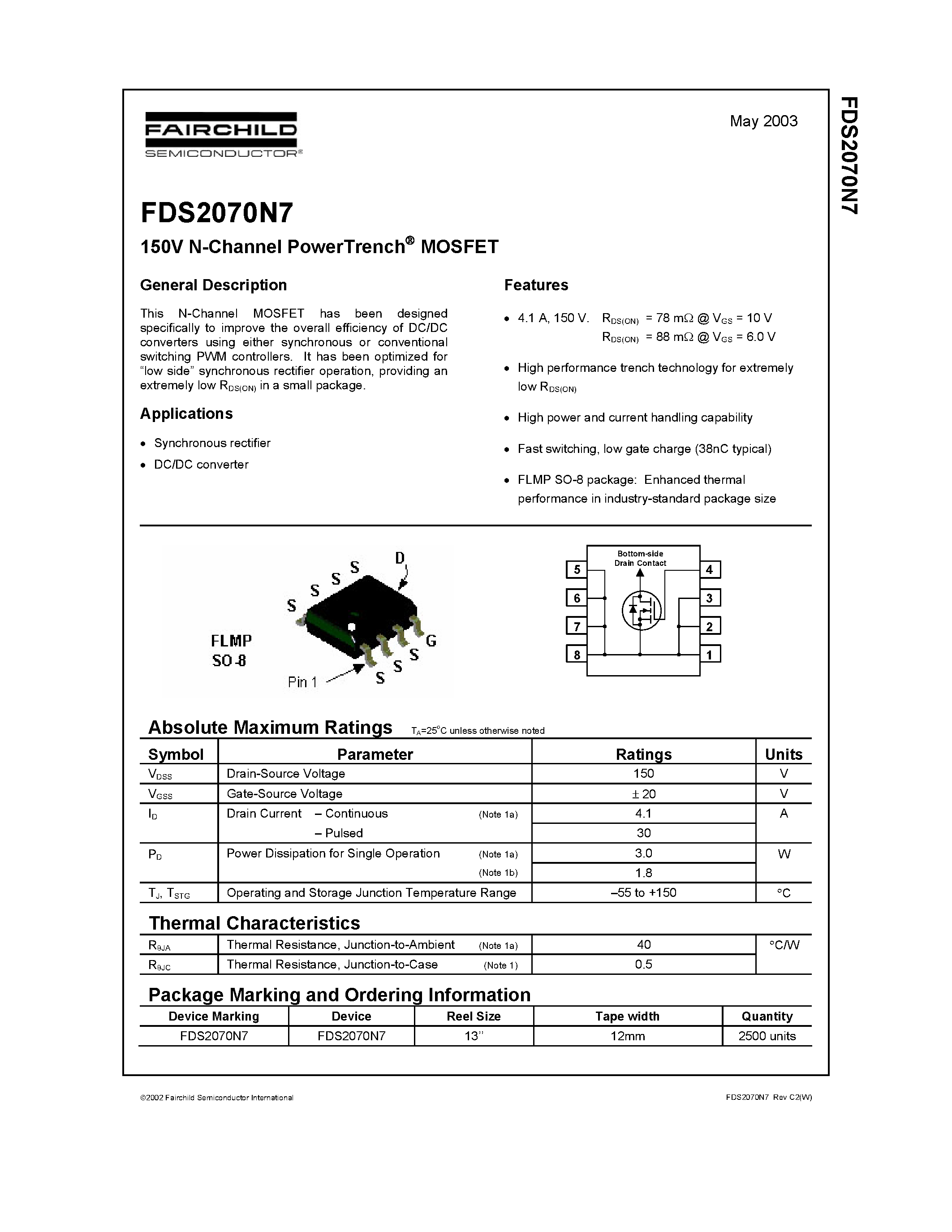 Datasheet FDS2070N7 - 150V N-Channel PowerTrench MOSFET page 1