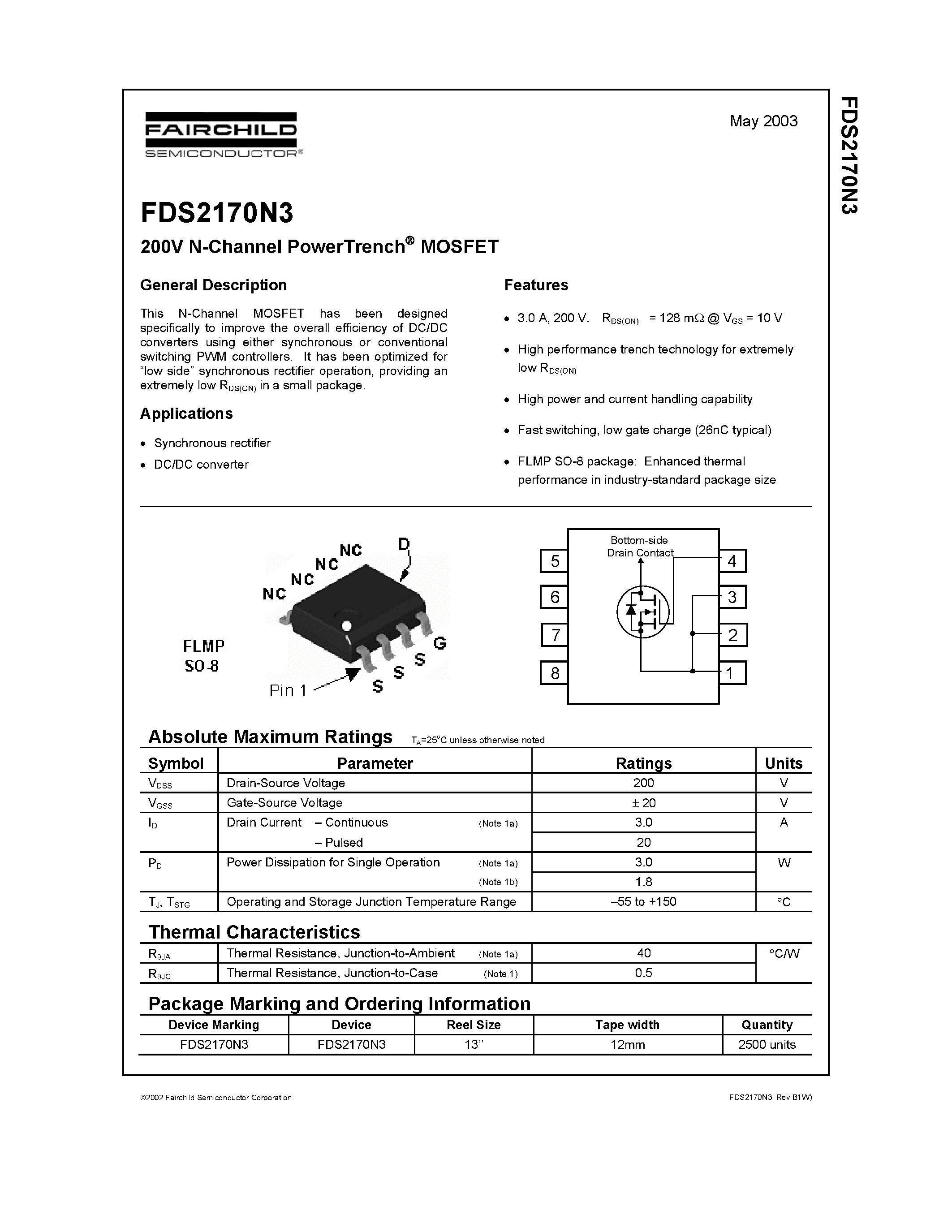 Datasheet FDS2170N3 - 200V N-Channel PowerTrench MOSFET page 1