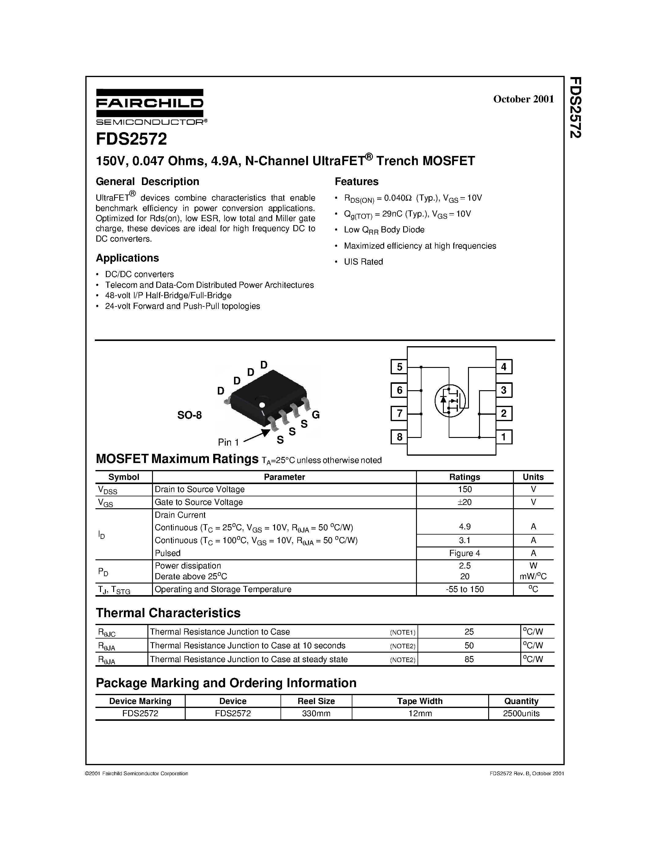 Datasheet FDS2572 - 150V/ 0.047 Ohms/ 4.9A/ N-Channel UltraFET Trench MOSFET page 1