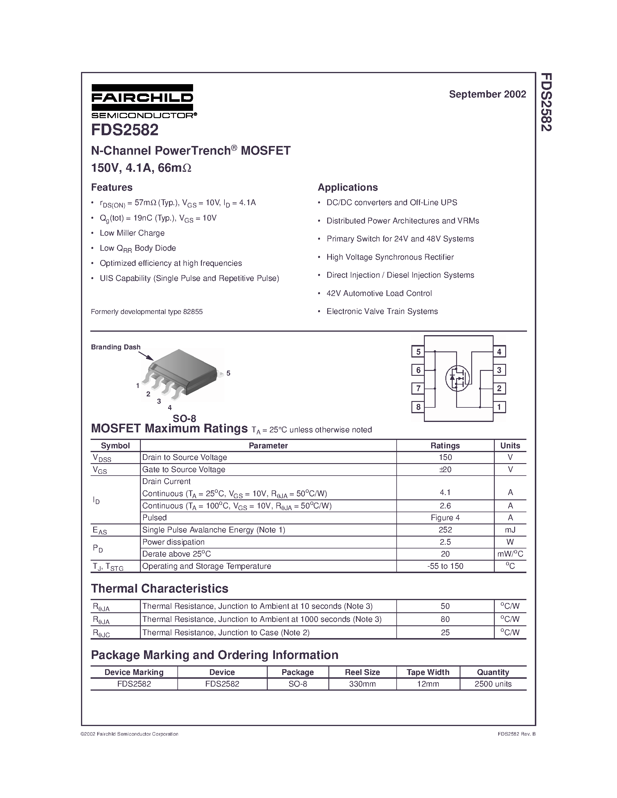 Datasheet FDS2582 - N-Channel PowerTrench MOSFET 150V/ 4.1A/ 66m page 1