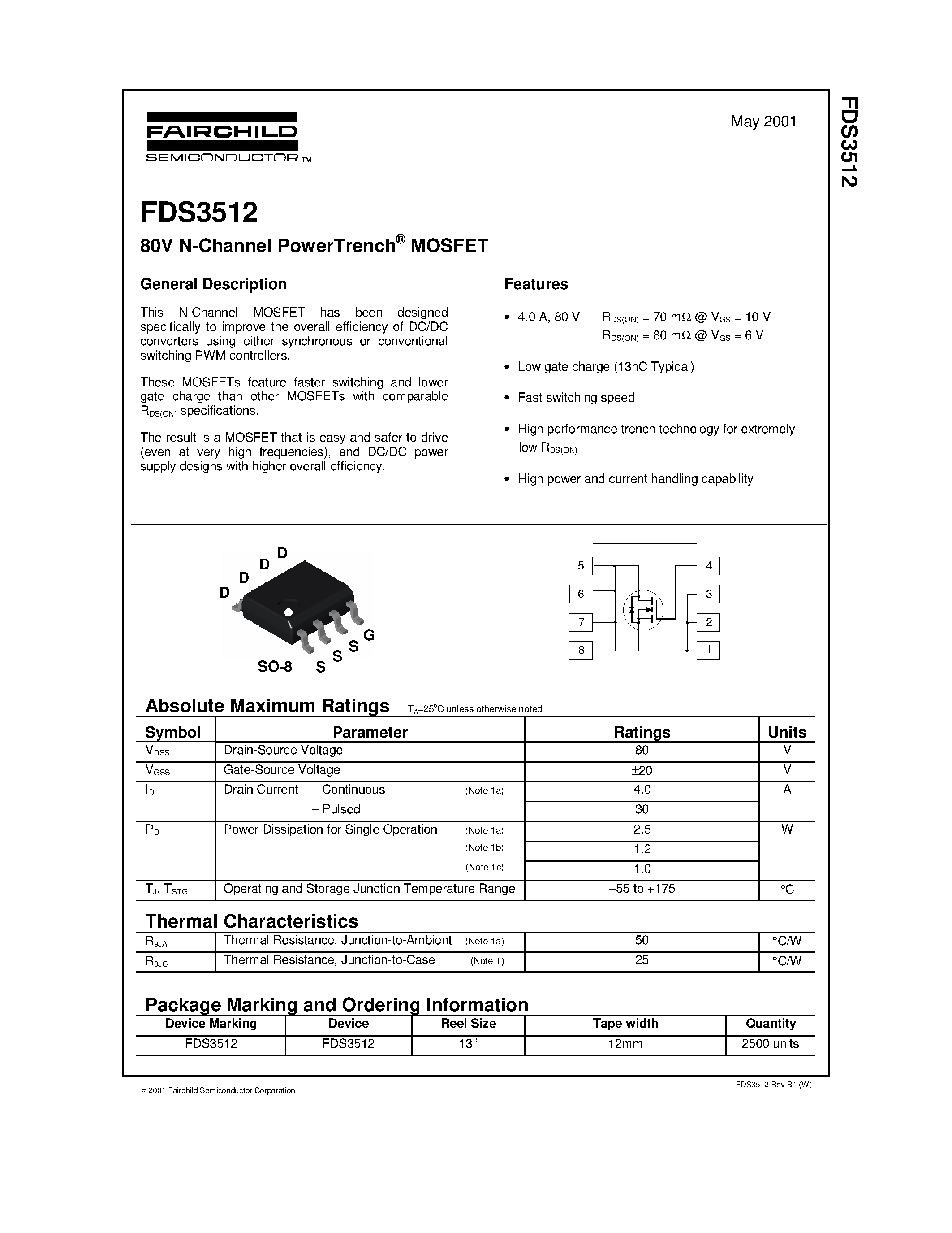 Datasheet FDS3512 - 80V N-Channel PowerTrench MOSFET page 1